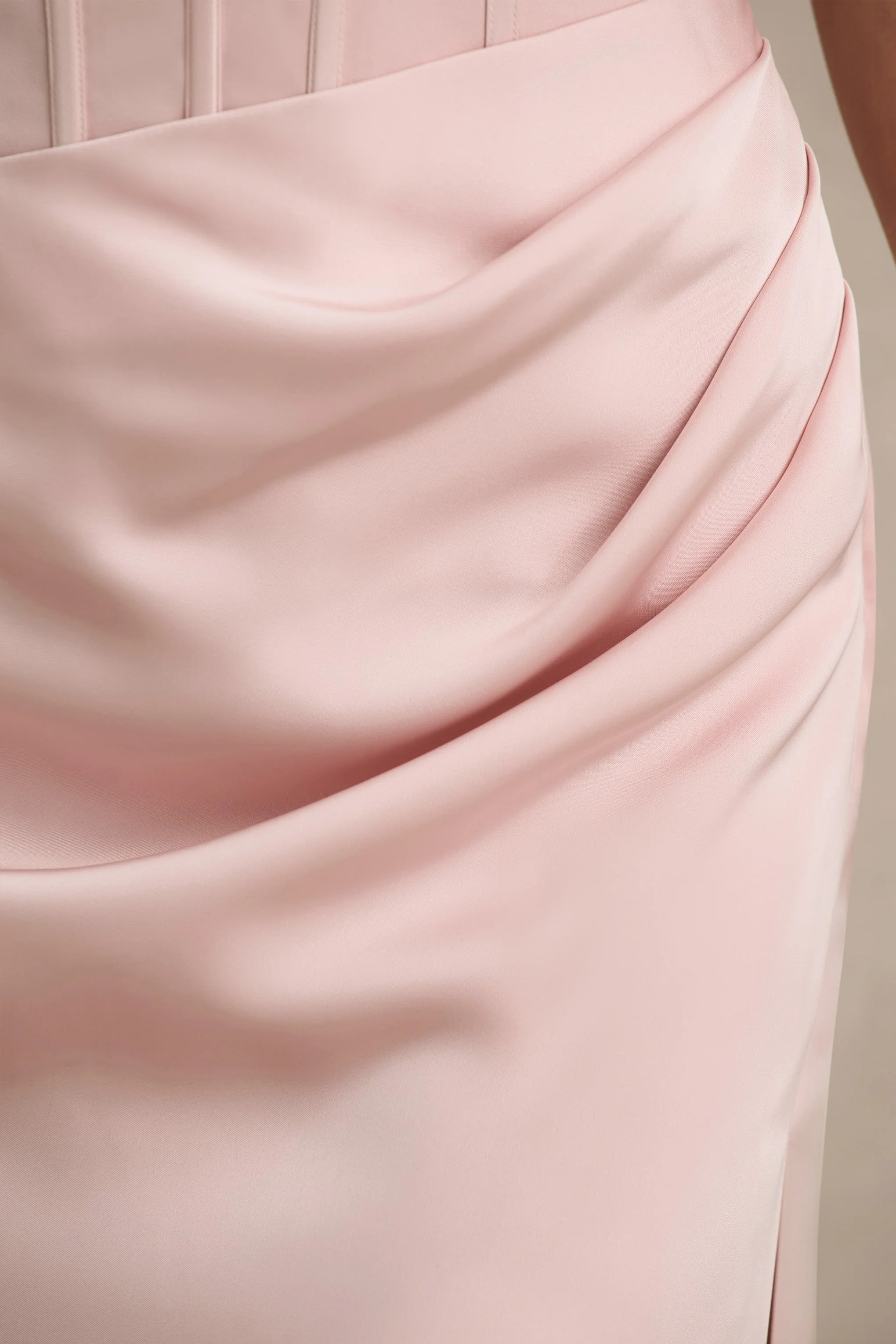 Joseline | Pale Pink Satin Corset Wrap Maxi Dress With Scarf - Image 7
