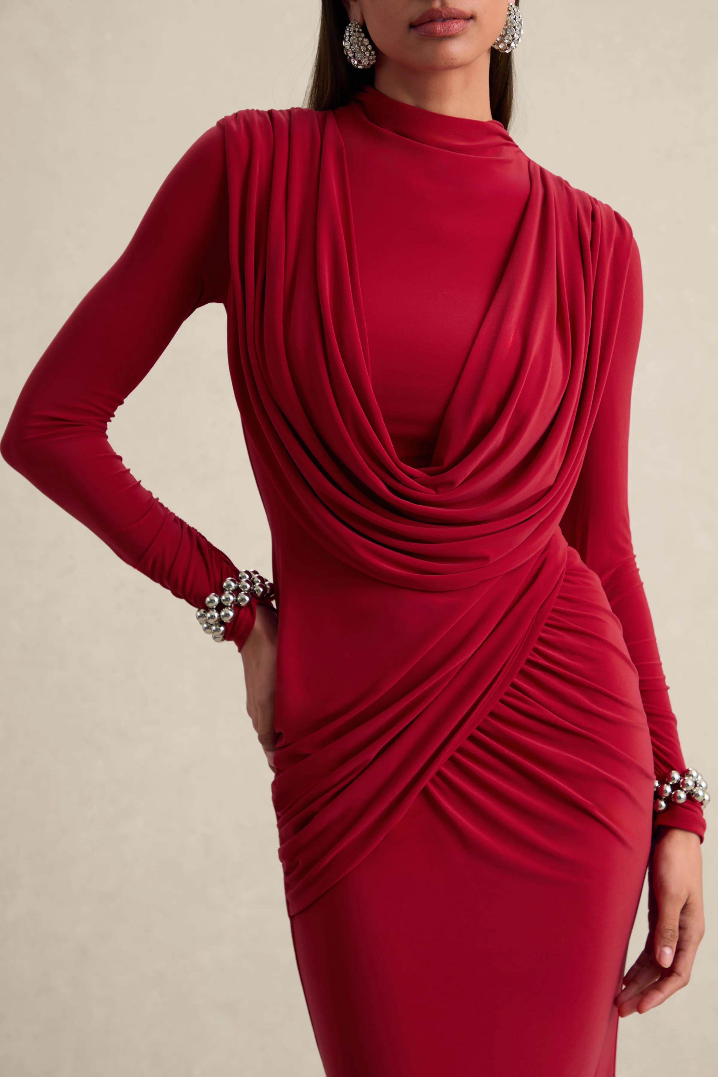 Karinthia | Red High-Neck Maxi Dress With Draped-Detailing - Image 5