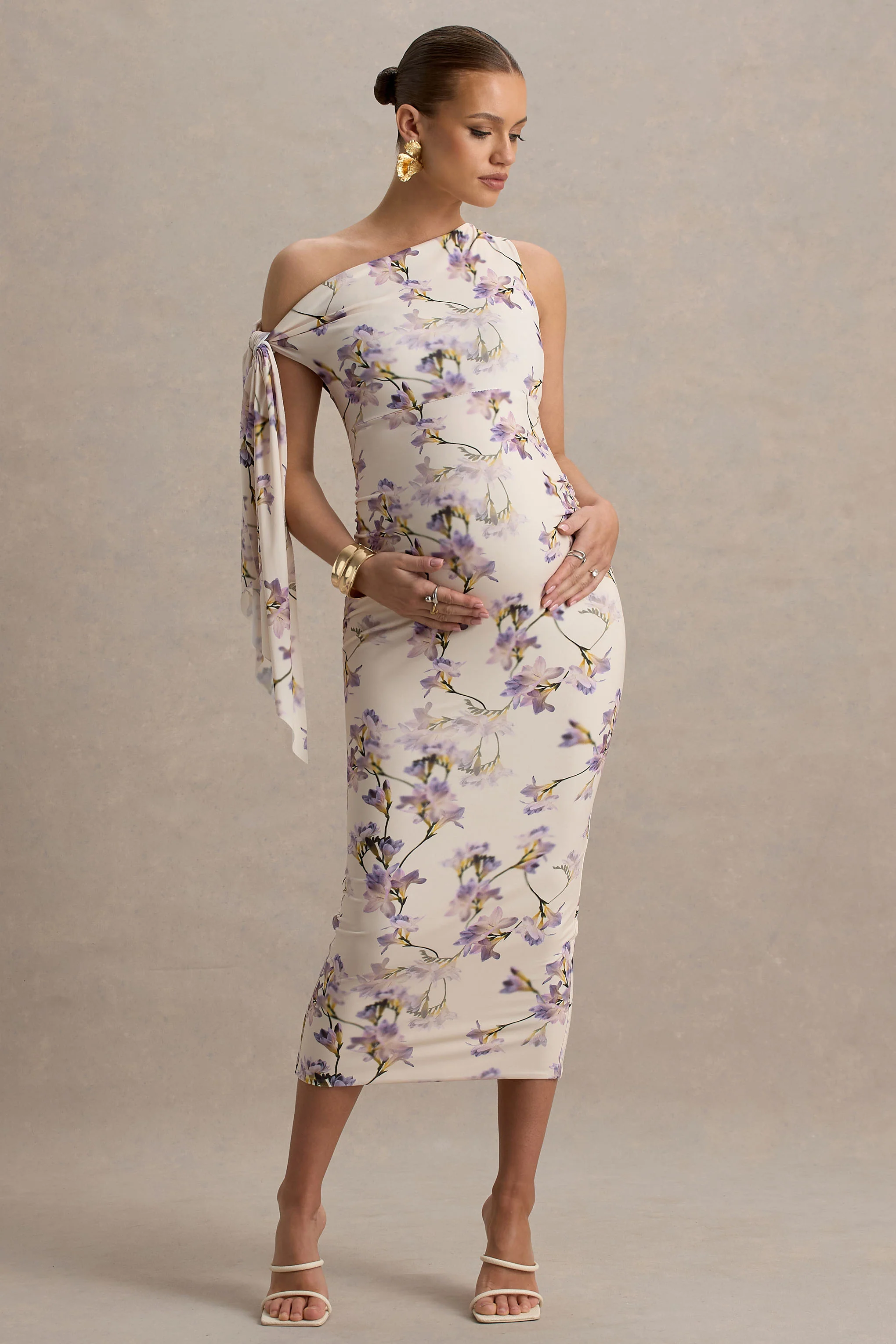 Katarine | Peach Floral Print Asymmetric Knot Maternity Midi Dress - Image 4