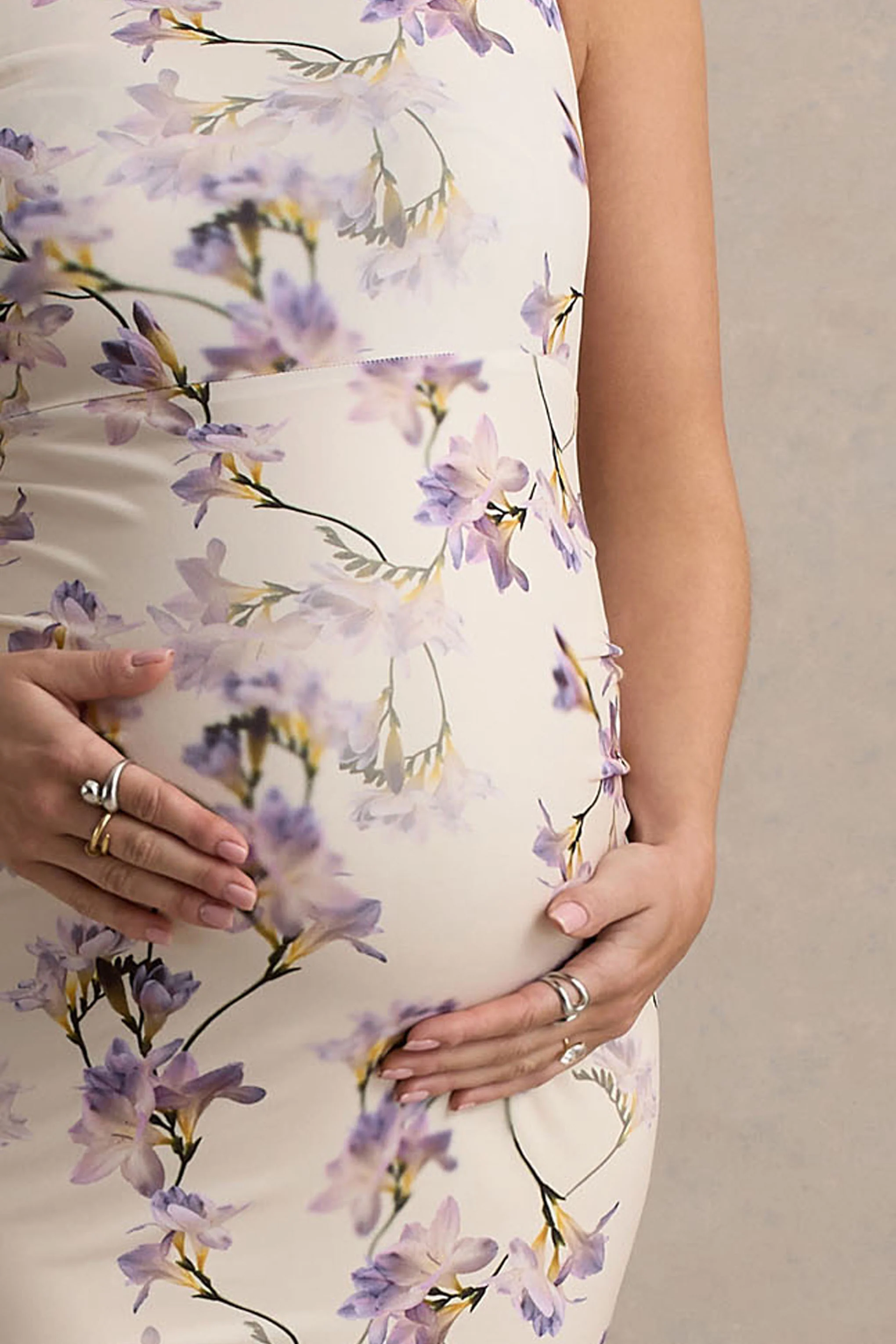 Katarine | Peach Floral Print Asymmetric Knot Maternity Midi Dress - Image 6