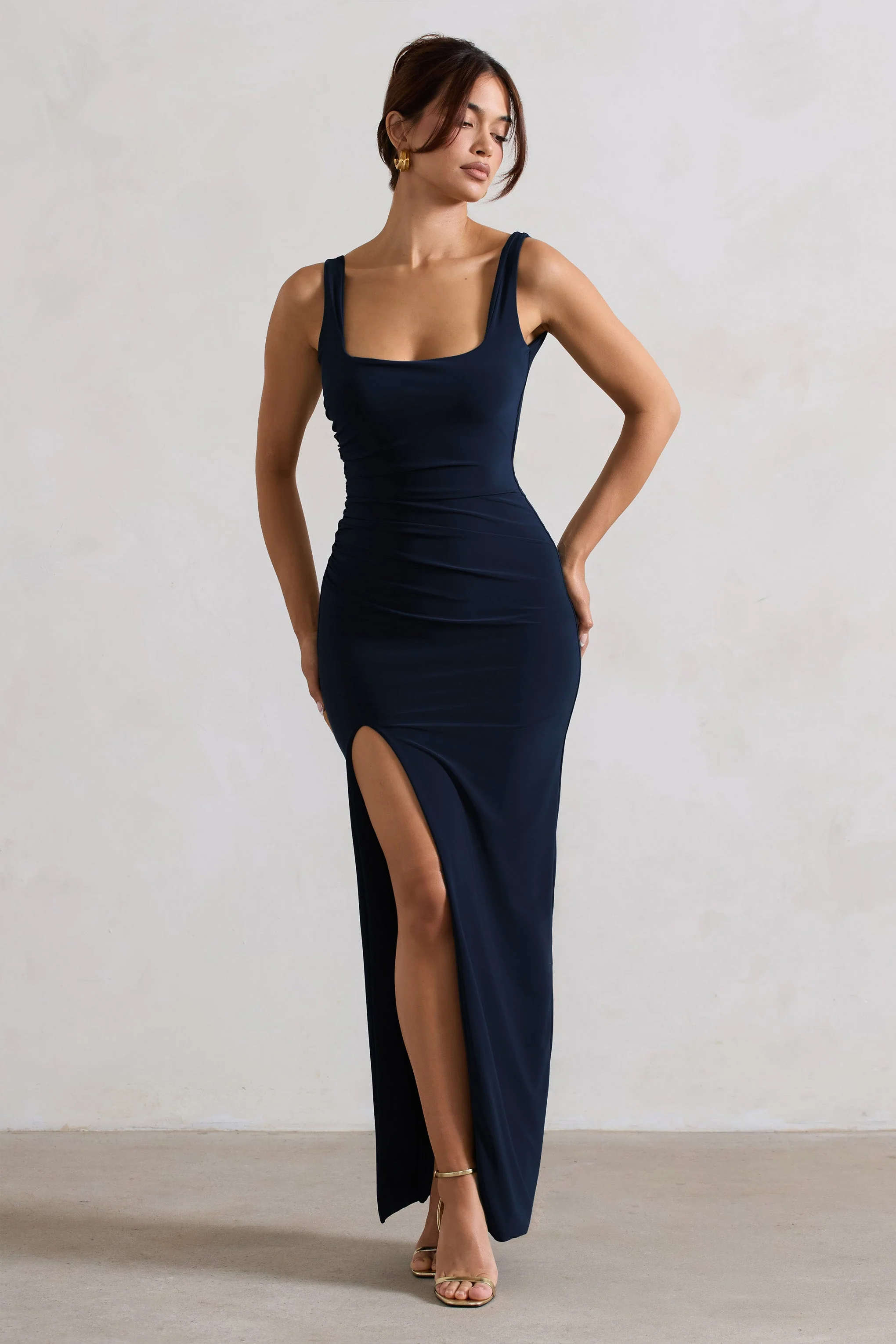Kate | Navy Square Neck Maxi Dress with Plunge Back and Side Thigh Split - Image 4