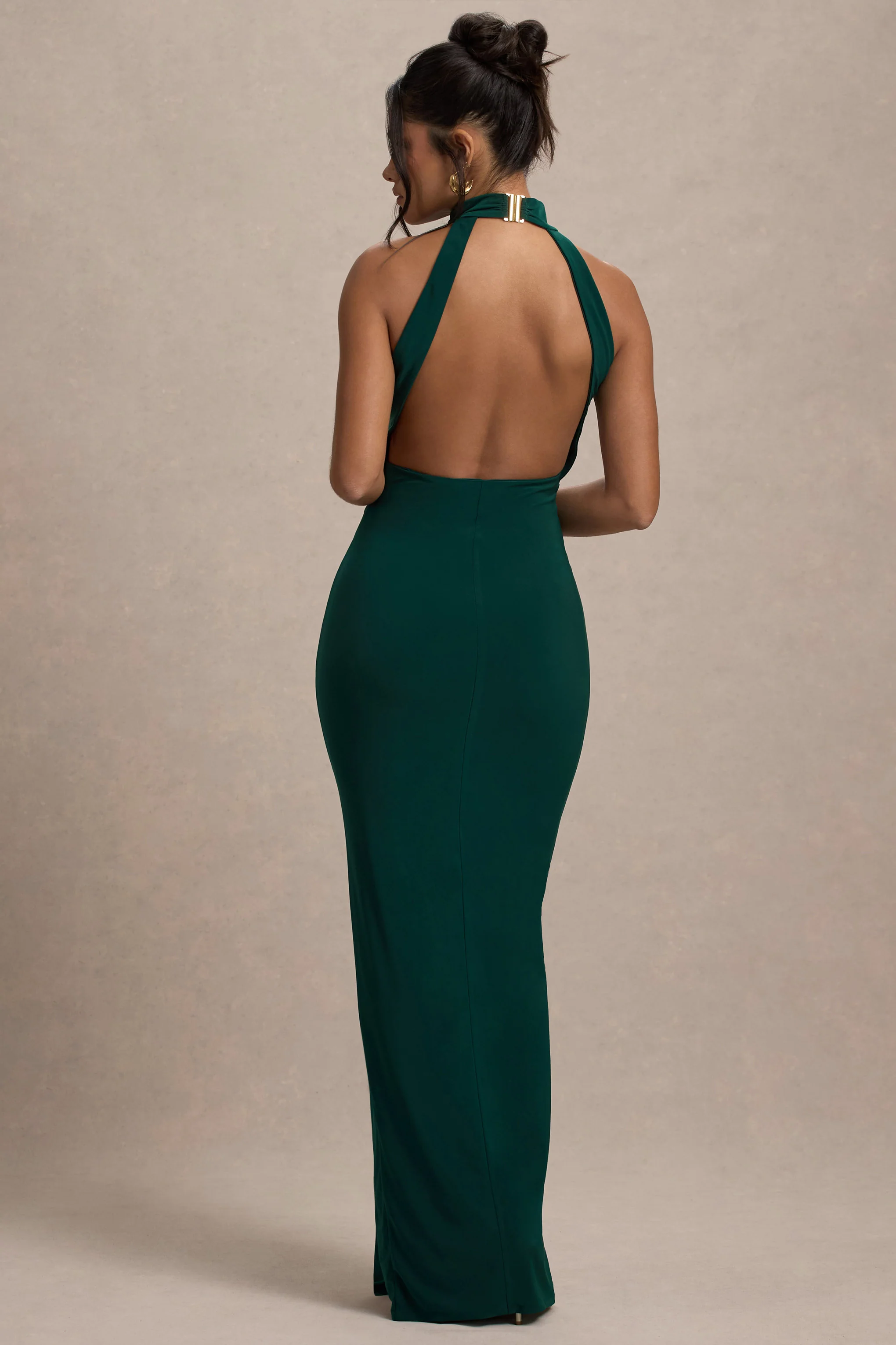 Khari | Bottle Green High-Neck Twisted Maxi Dress With Drape - Image 2