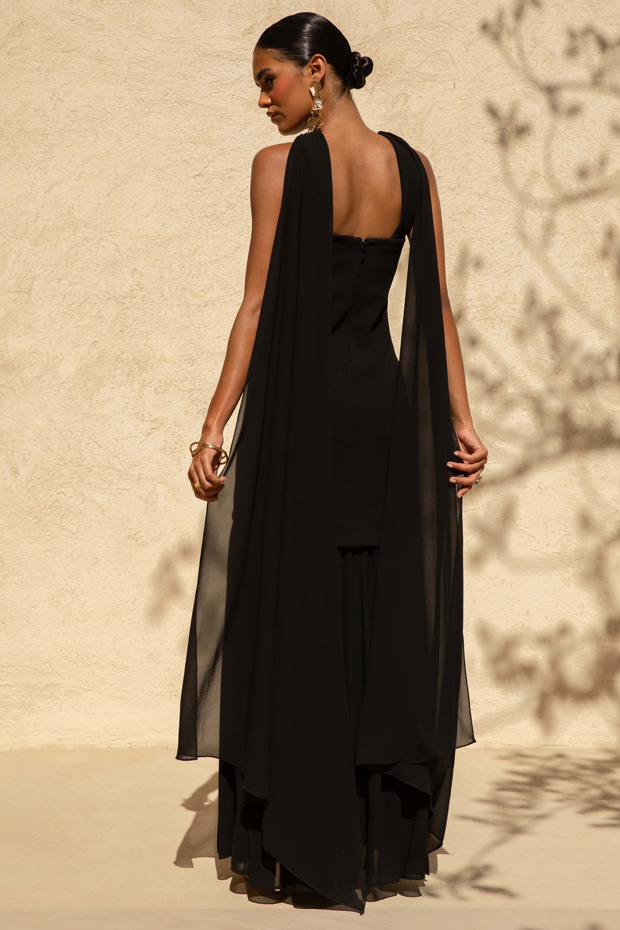 Kylie | Black High-Neck Maxi Dress With Chiffon Skirt - Image 2