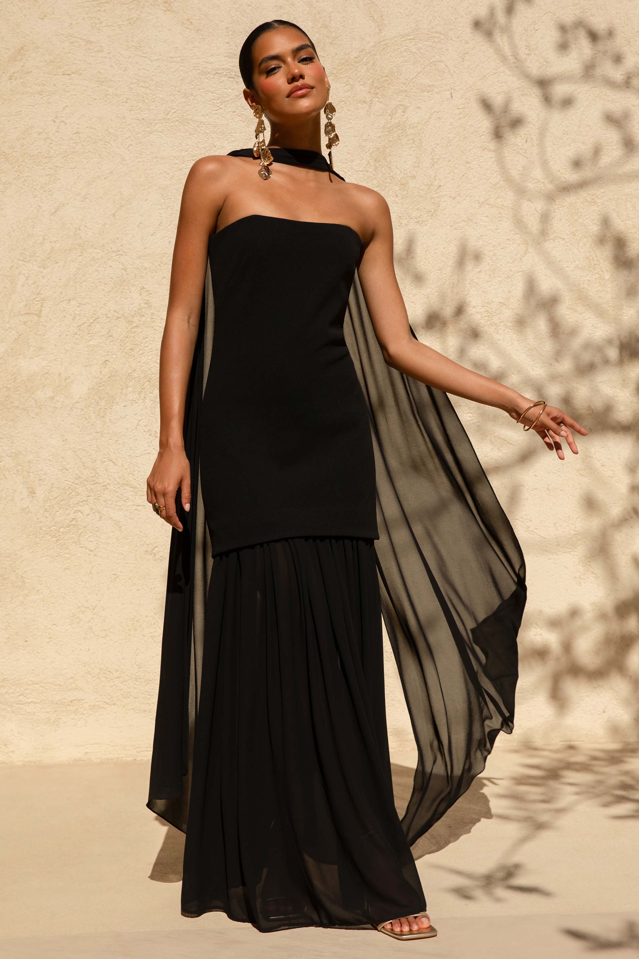 Kylie | Black High-Neck Maxi Dress With Chiffon Skirt - Image 3