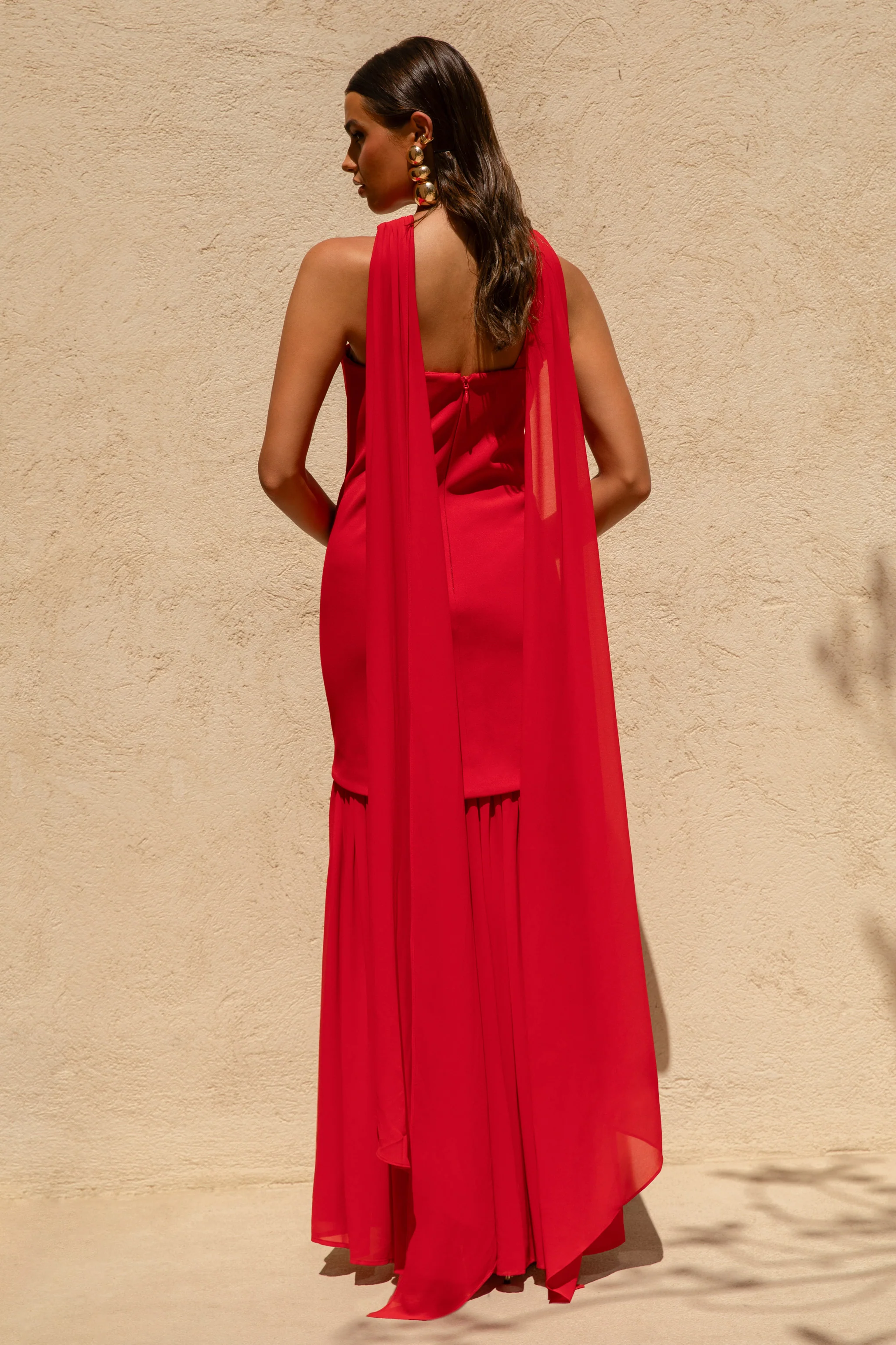 Kylie | Red High-Neck Maxi Dress With Chiffon Skirt - Image 2