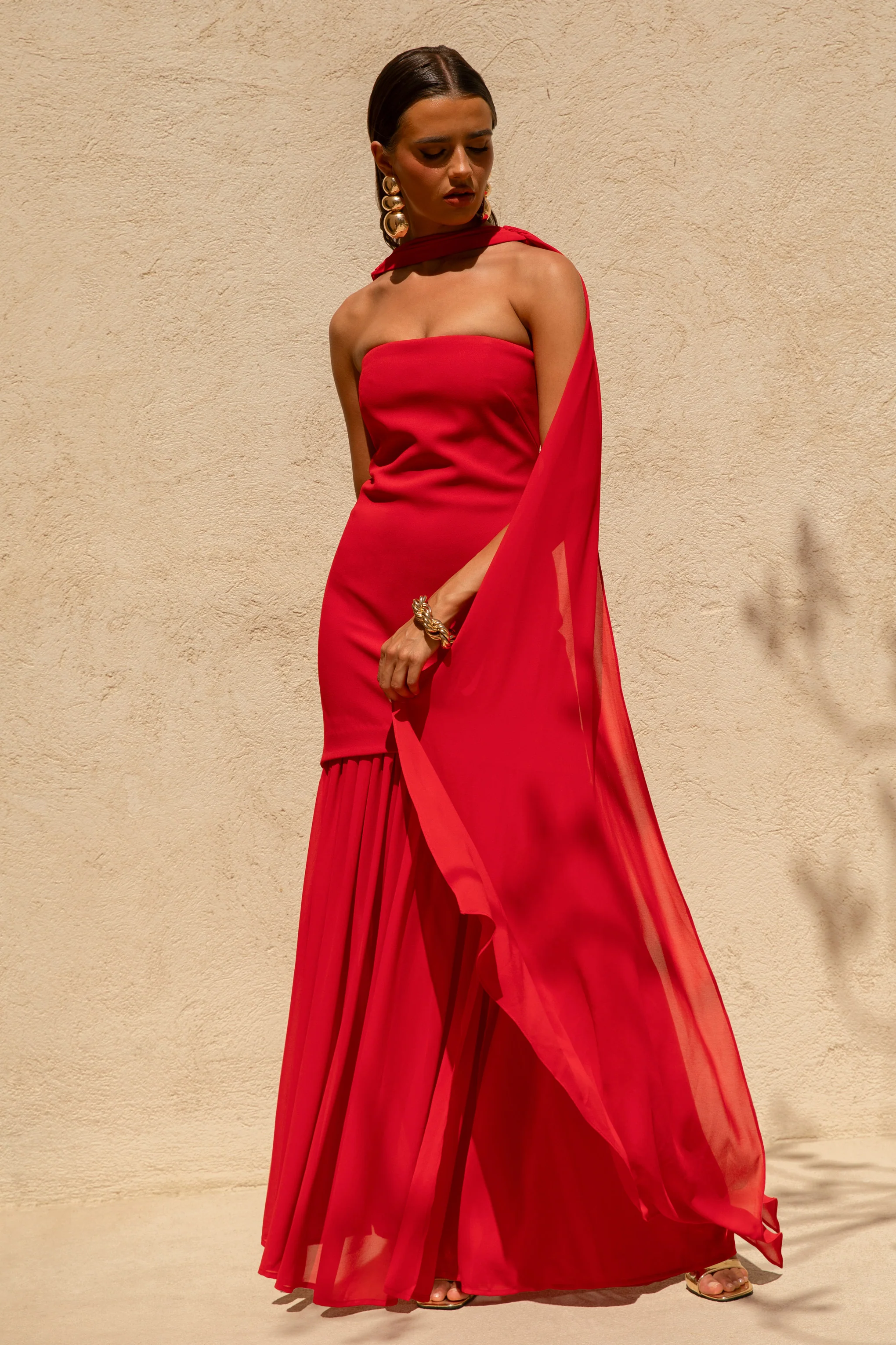 Kylie | Red High-Neck Maxi Dress With Chiffon Skirt - Image 5