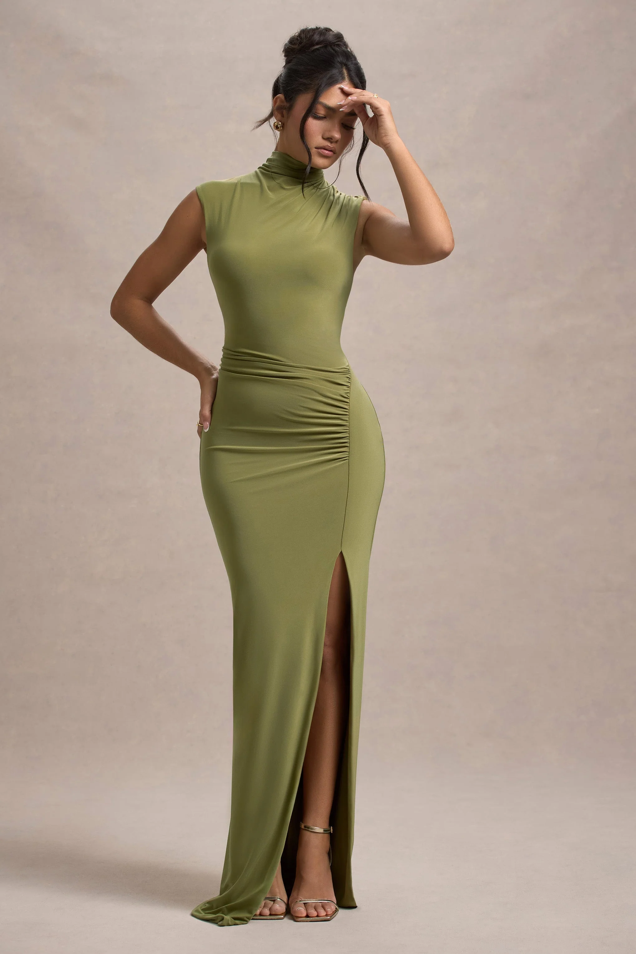 Lanetta | Olive Ruched High-Neck Maxi Dress With Split - Image 11