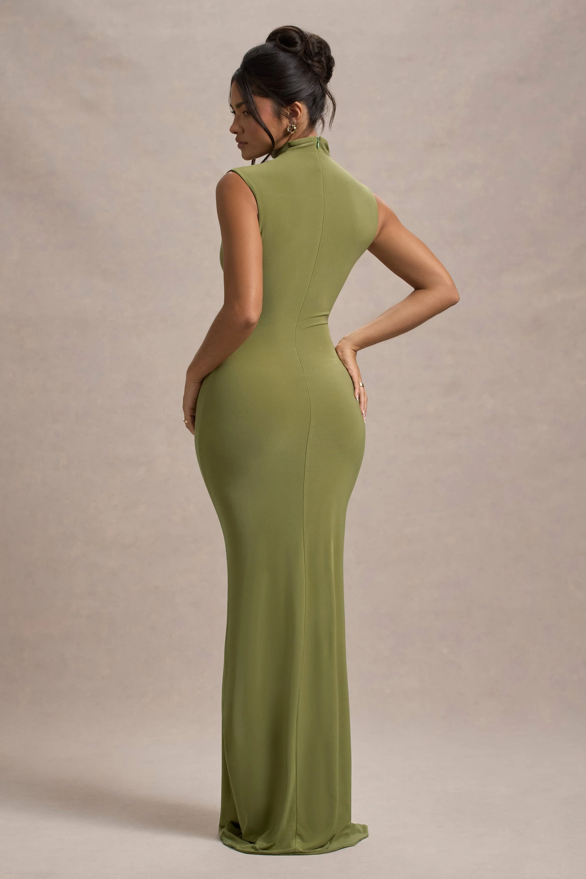 Lanetta | Olive Ruched High-Neck Maxi Dress With Split - Image 5