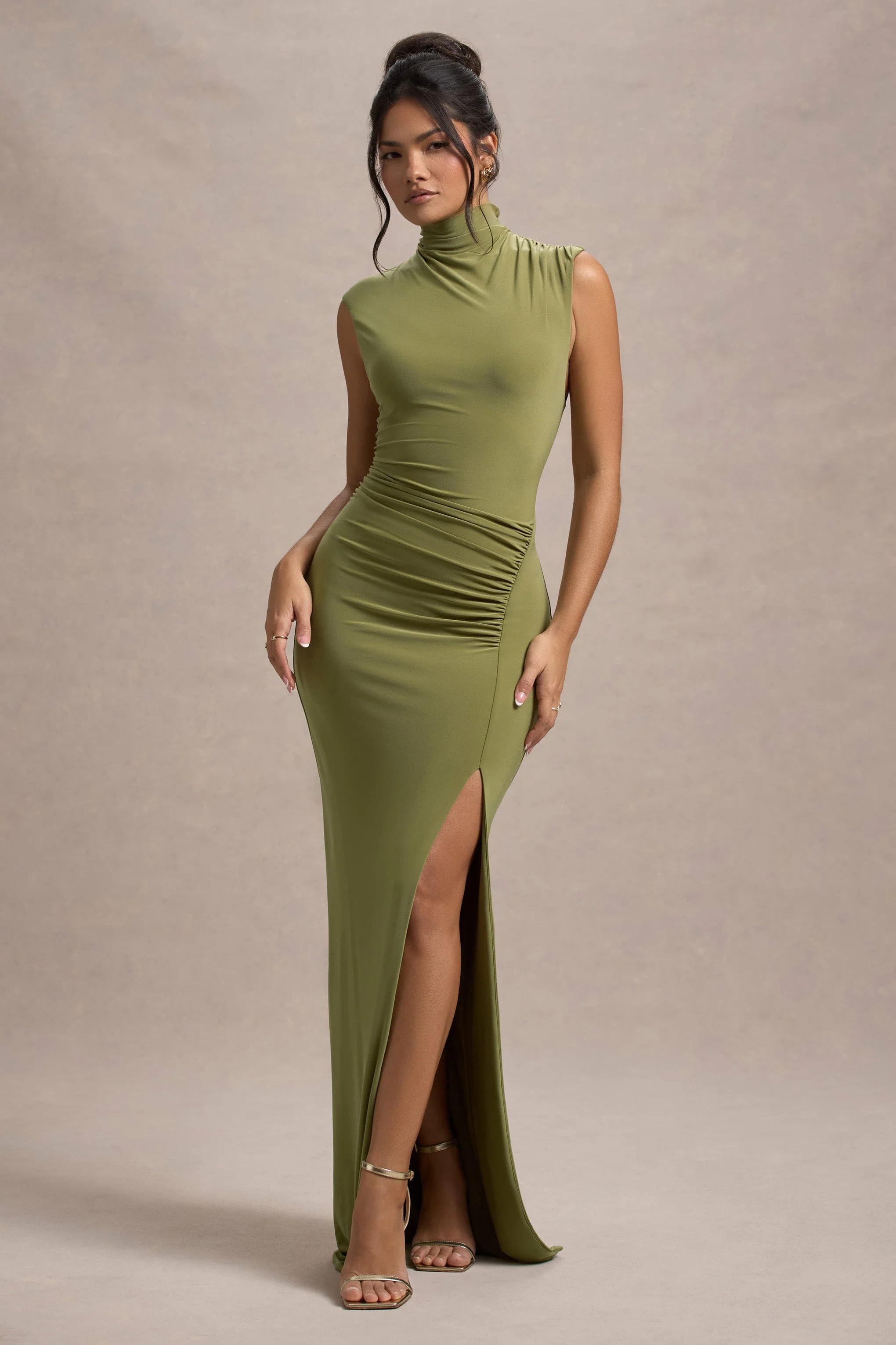 Lanetta | Olive Ruched High-Neck Maxi Dress With Split - Image 9