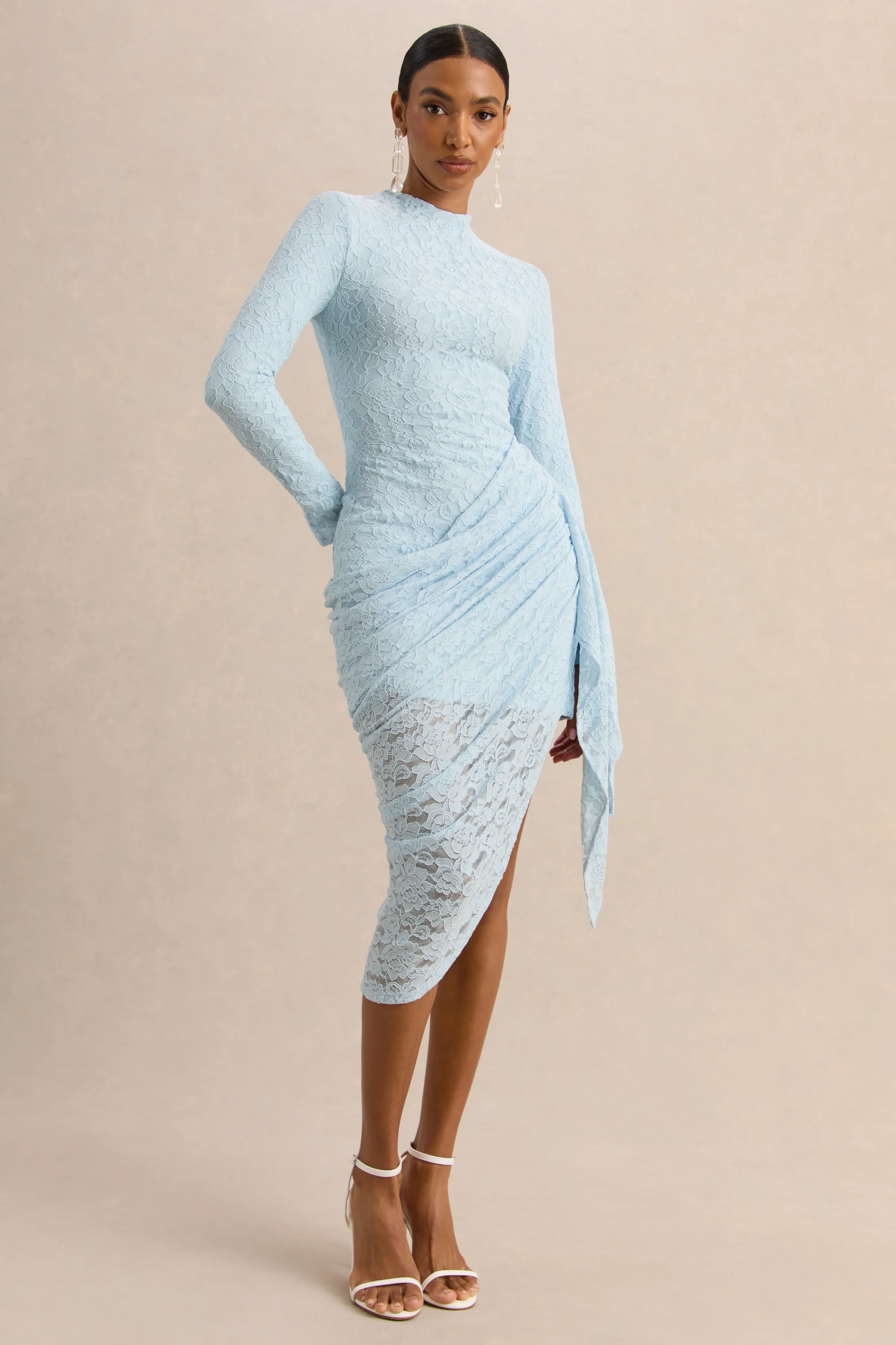 Laureline | Powder Blue Lace Crew-Neck Midi Dress With Draped-Detail And Asymmetric-Hem - Image 4