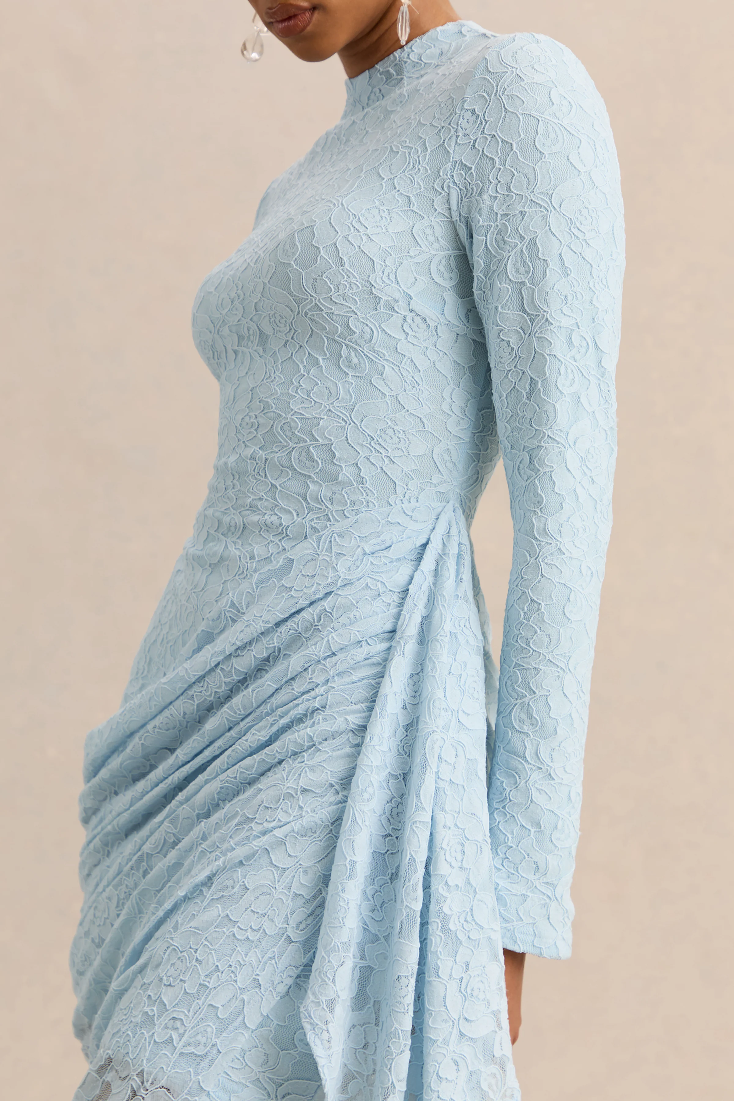 Laureline | Powder Blue Lace Crew-Neck Midi Dress With Draped-Detail And Asymmetric-Hem - Image 7