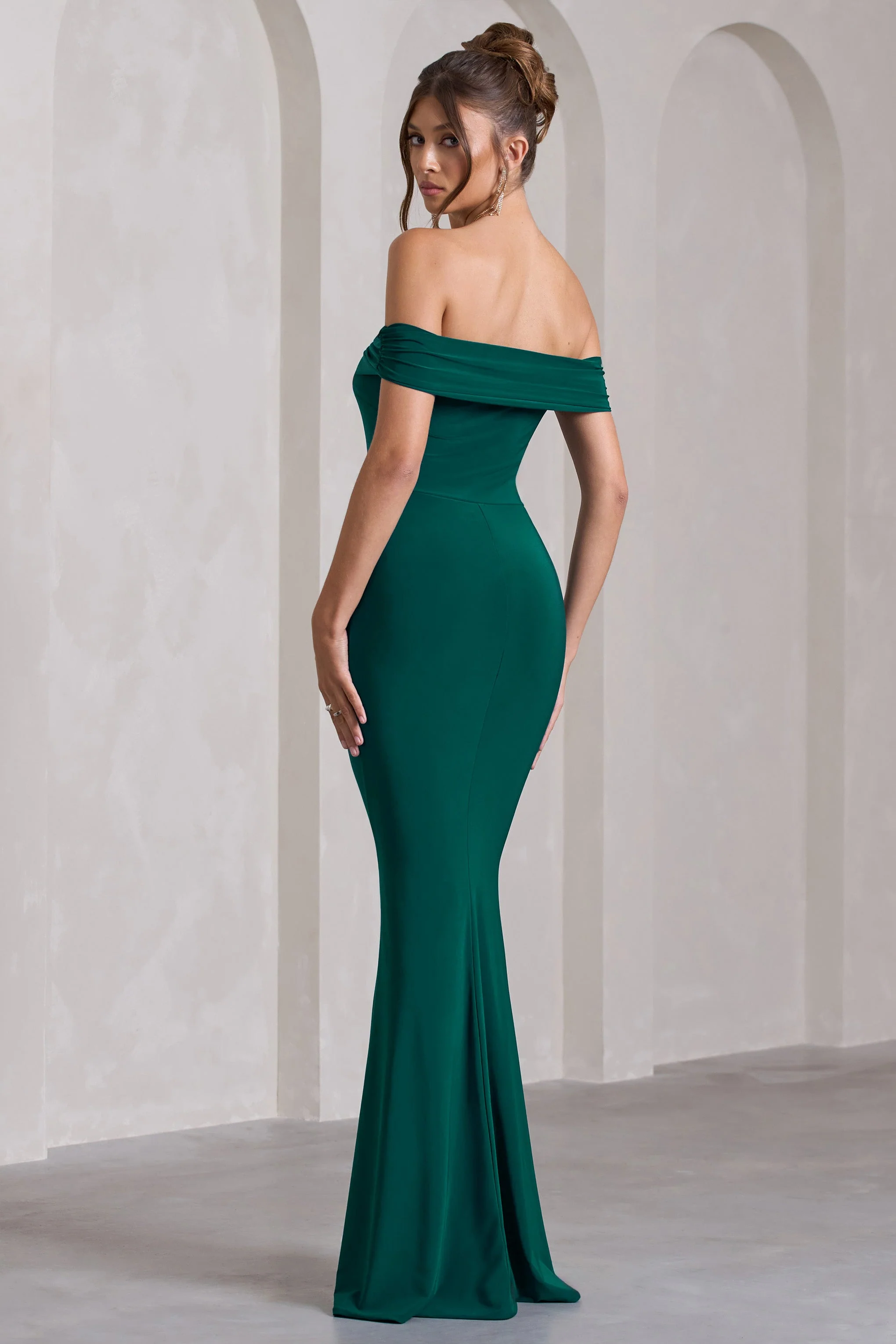 Law of Attraction | Bottle Green Bardot Draped Split Maxi Dress - Image 2