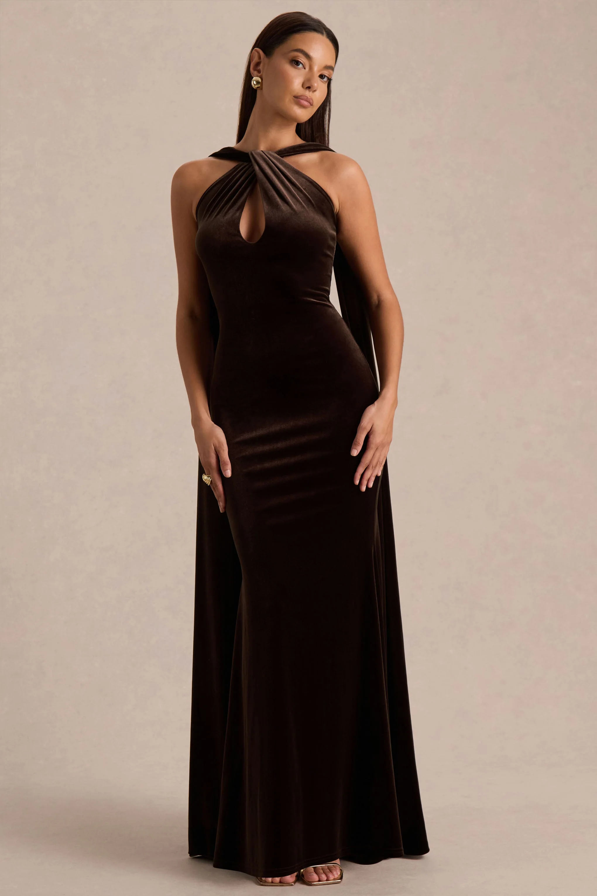 Layli | Brown Velvet Halter-Neck Maxi Dress With Cape - Image 3