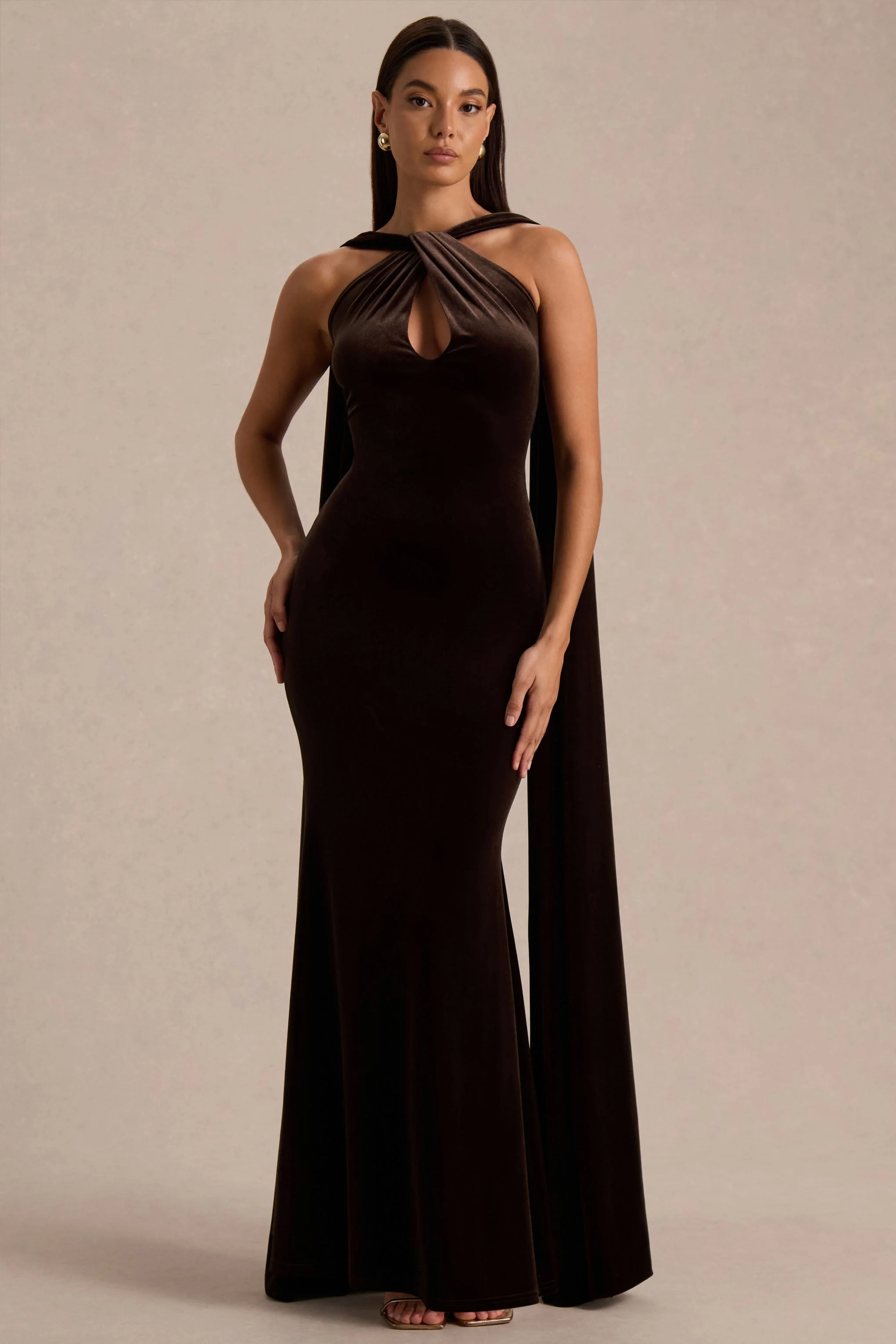 Layli | Brown Velvet Halter-Neck Maxi Dress With Cape - Image 5