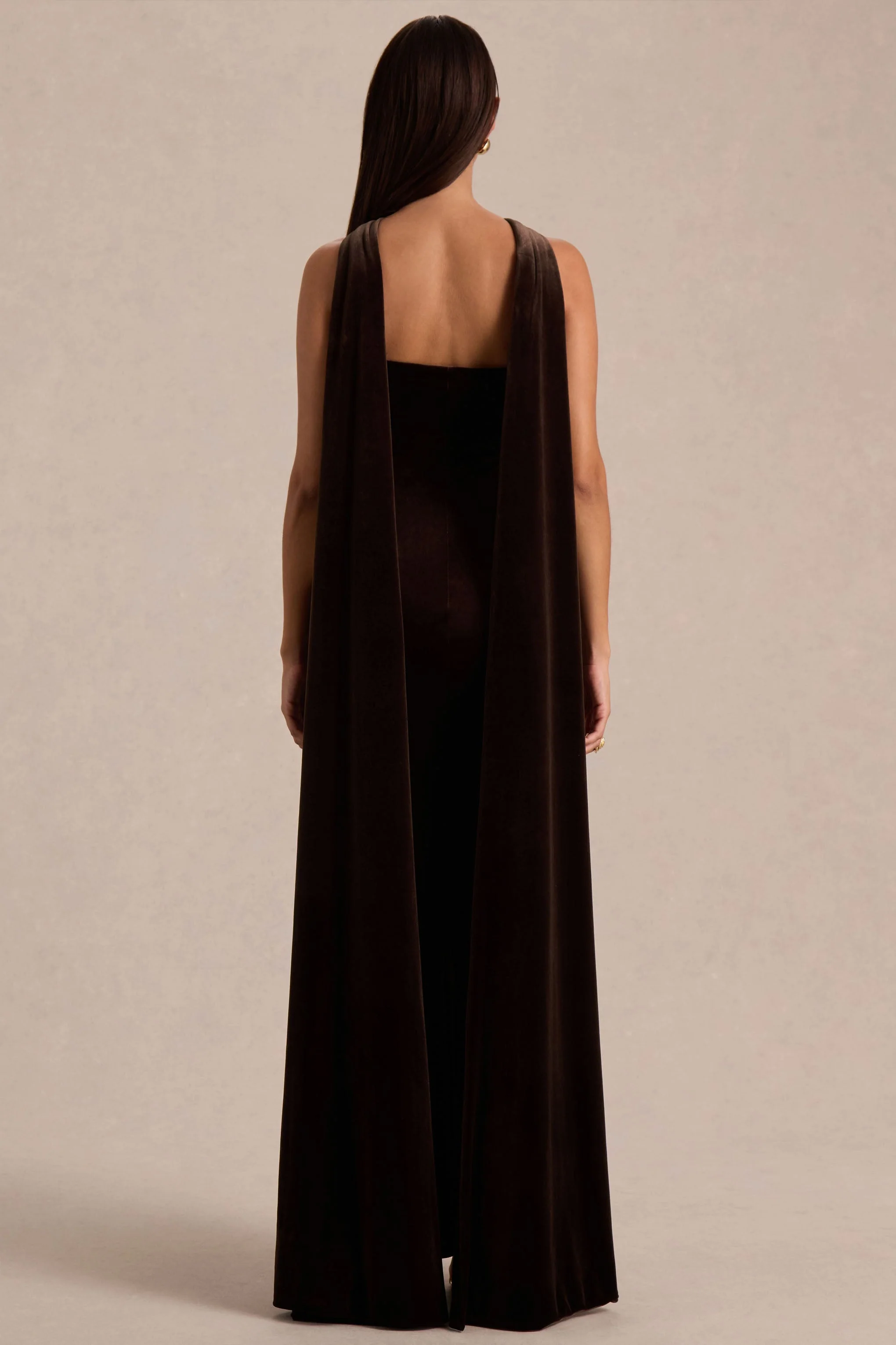 Layli | Brown Velvet Halter-Neck Maxi Dress With Cape - Image 7