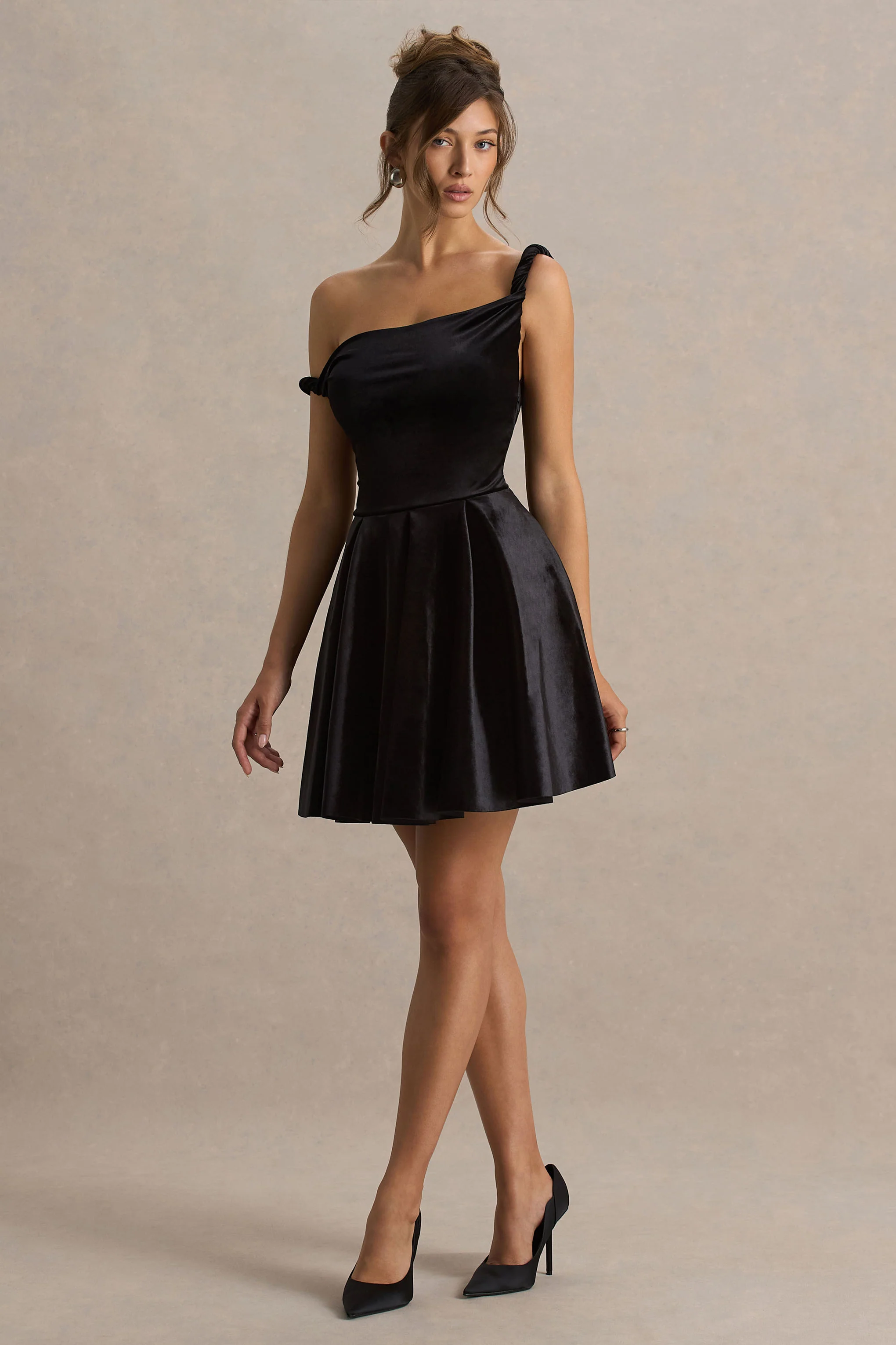 Leticia | Black Asymmetric-Neck Velvet Mini Dress With Twist-Sleeve - Image 5