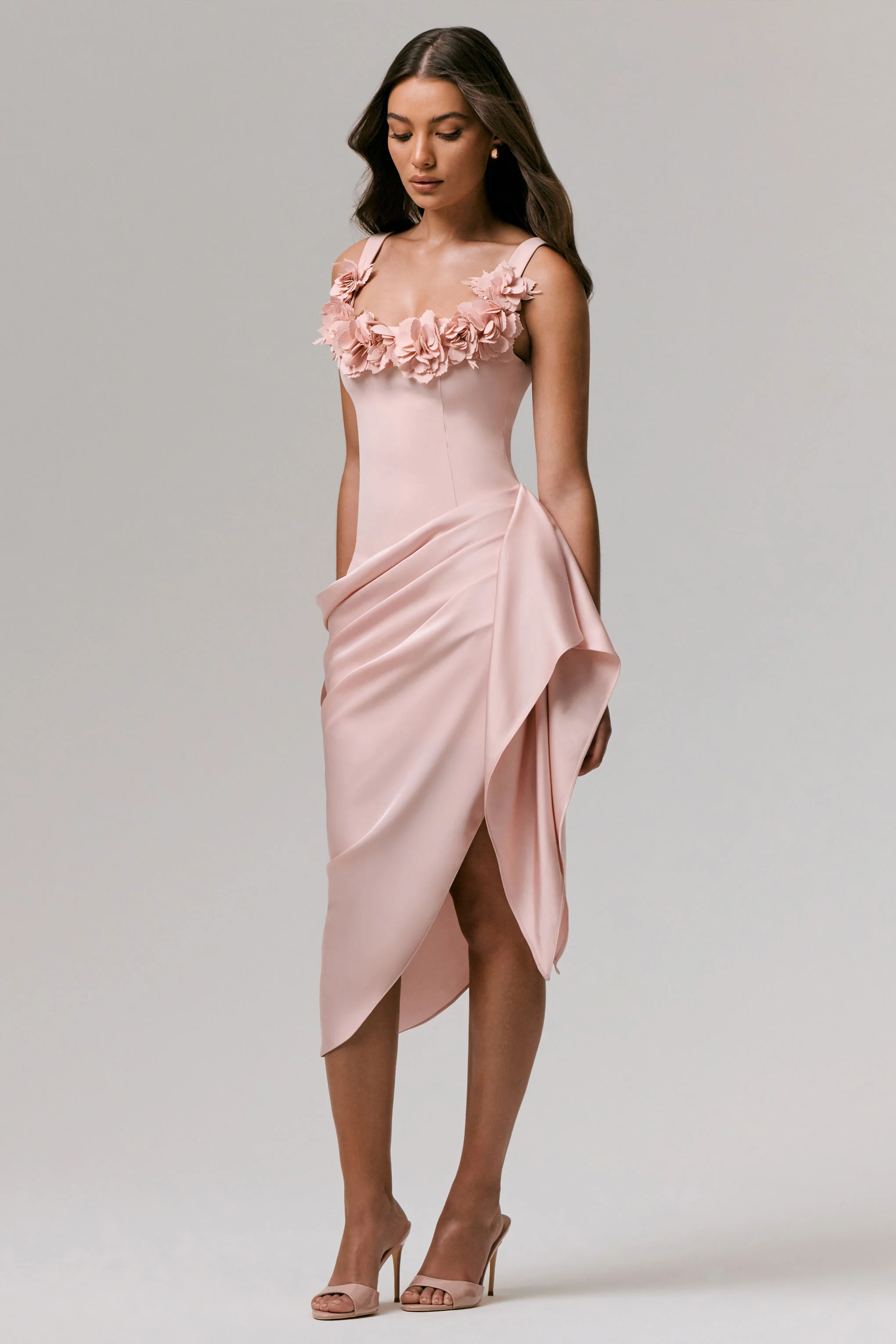 Letitia | Pale Pink Square-Neck Floral Detailed Wrap Midi Dress - Image 3