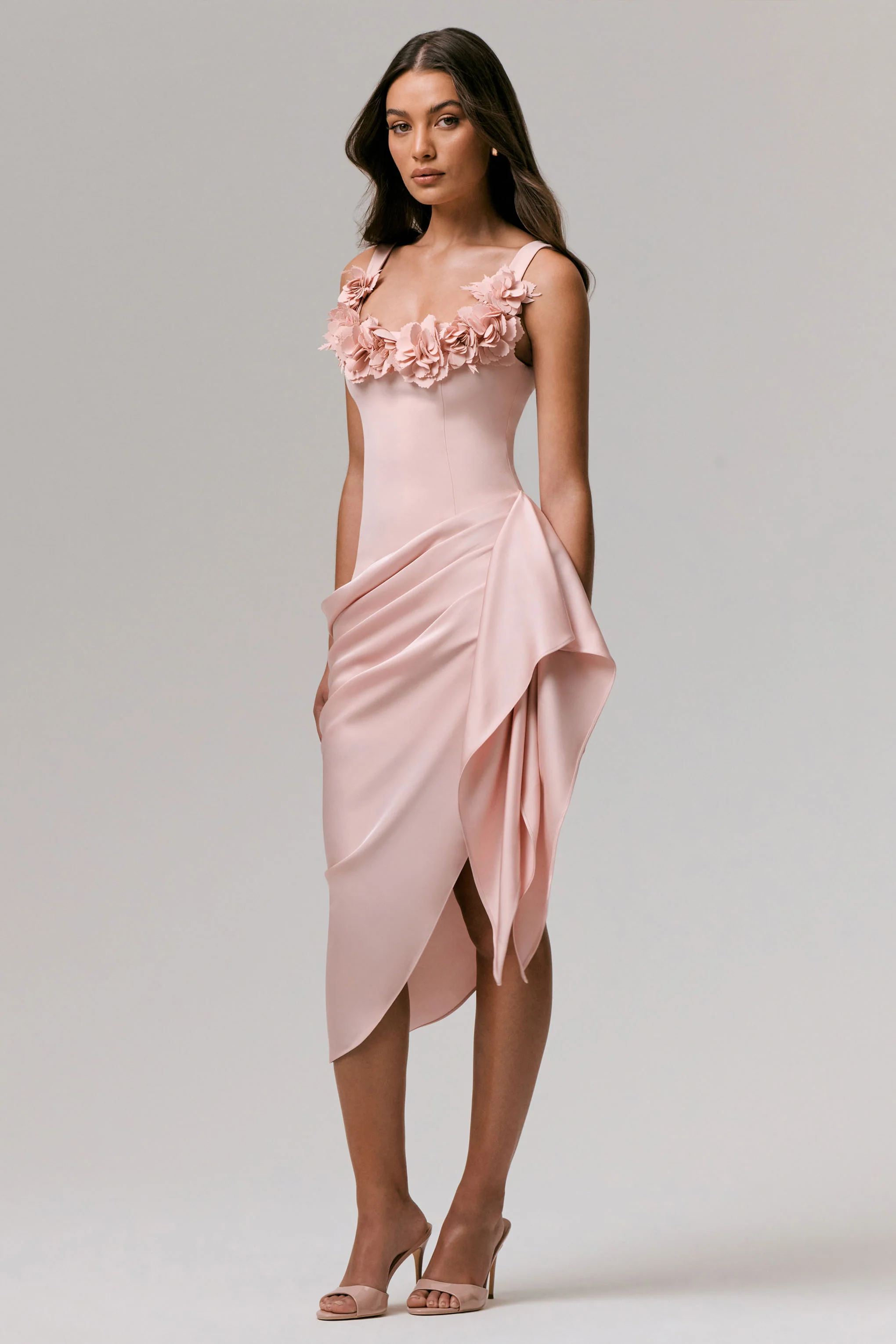 Letitia | Pale Pink Square-Neck Floral Detailed Wrap Midi Dress - Image 4