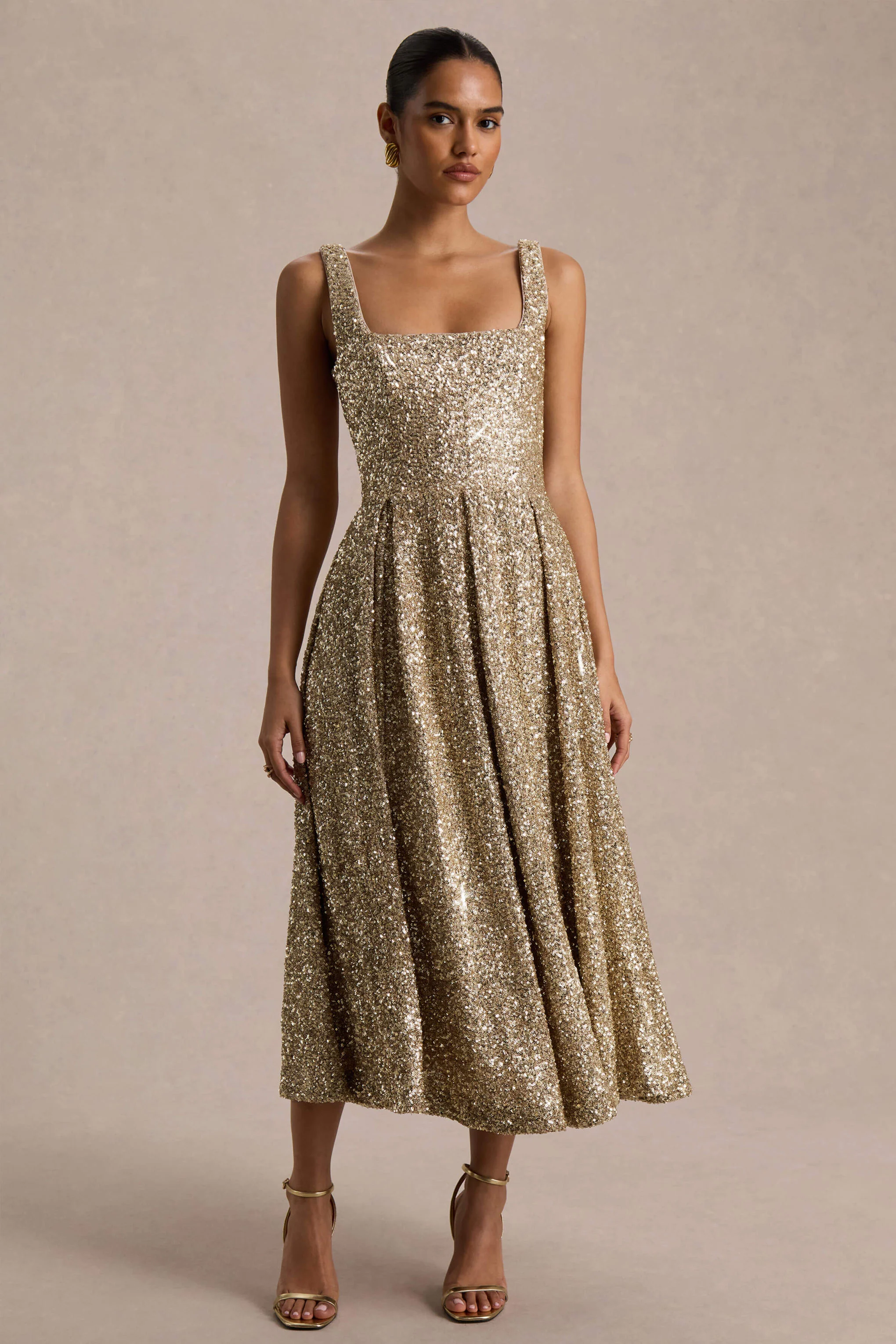 Lima | Champagne Sequin Square-Neck A-Line Midi Dress - Image 7
