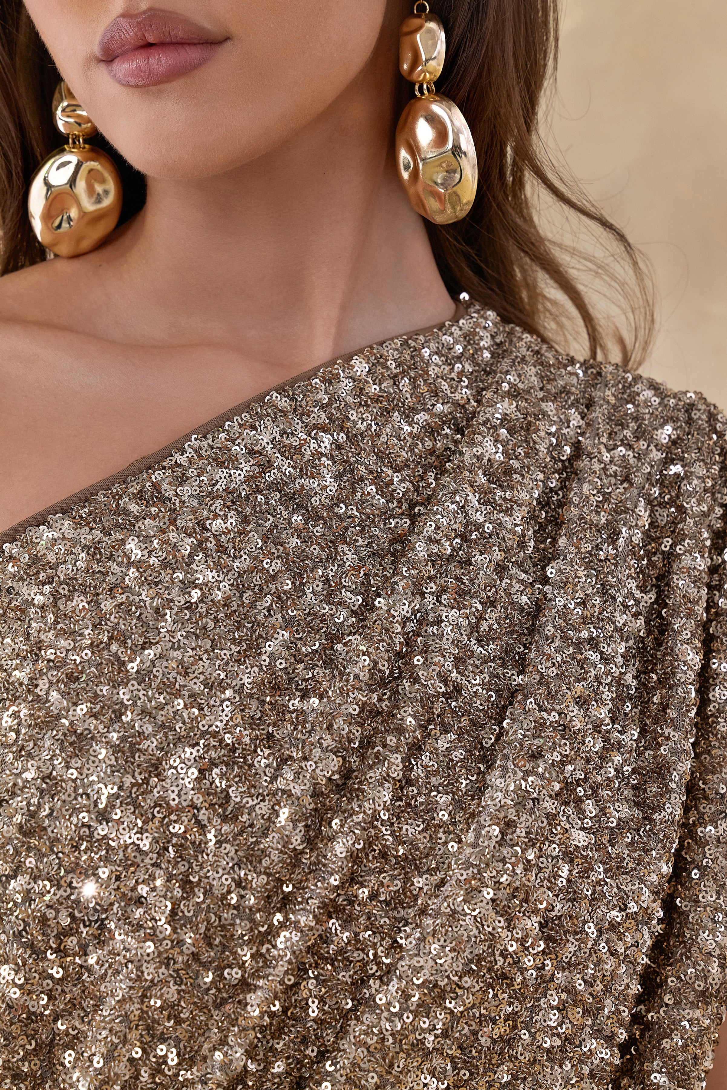 Liori | Champagne Sequin Asymmetric-Neck Maxi Dress With Sash - Image 6