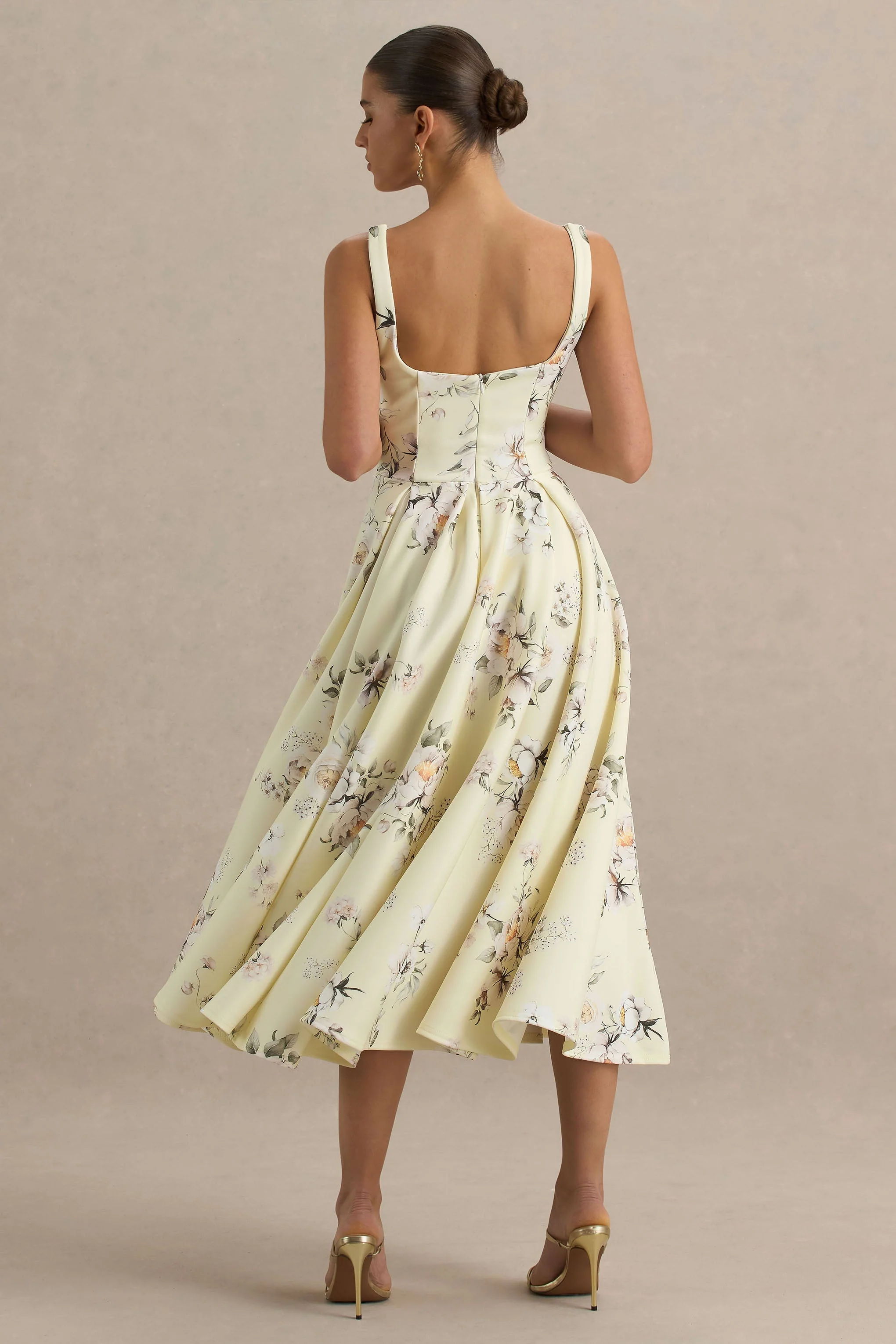 Lissa | Lemon Floral Bouquet Print Square-Neck Midi Dress - Image 4