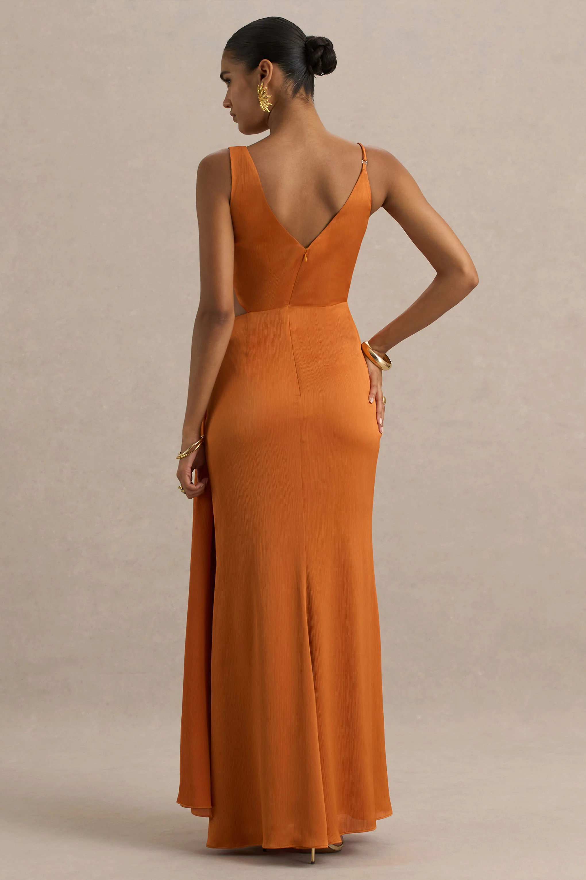 Livia | Orange Plunge-Neck Fishtail Maxi Dress - Image 2
