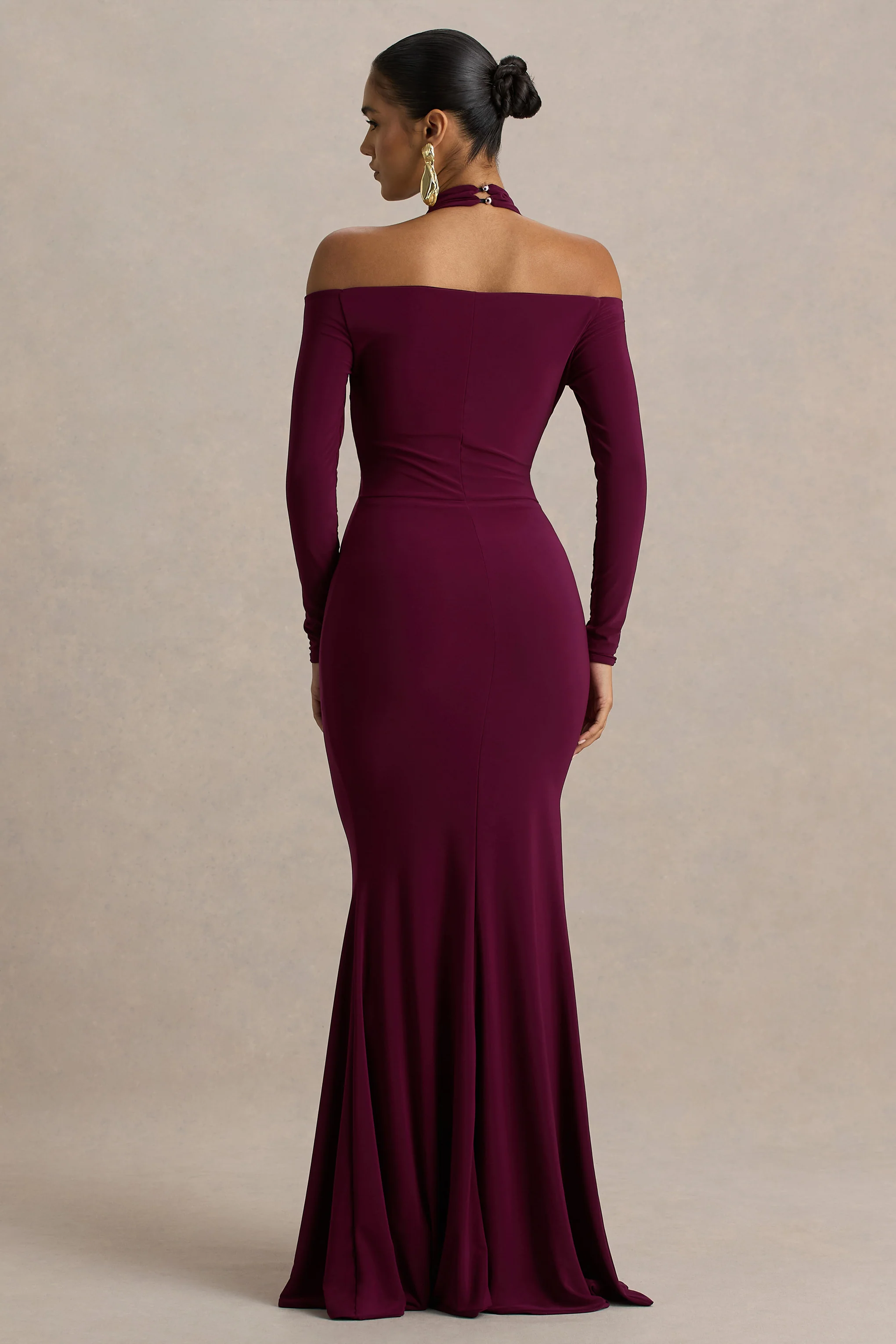 Living High | Burgundy Halter-Neck Maxi Dress With Long Sleeves - Image 2