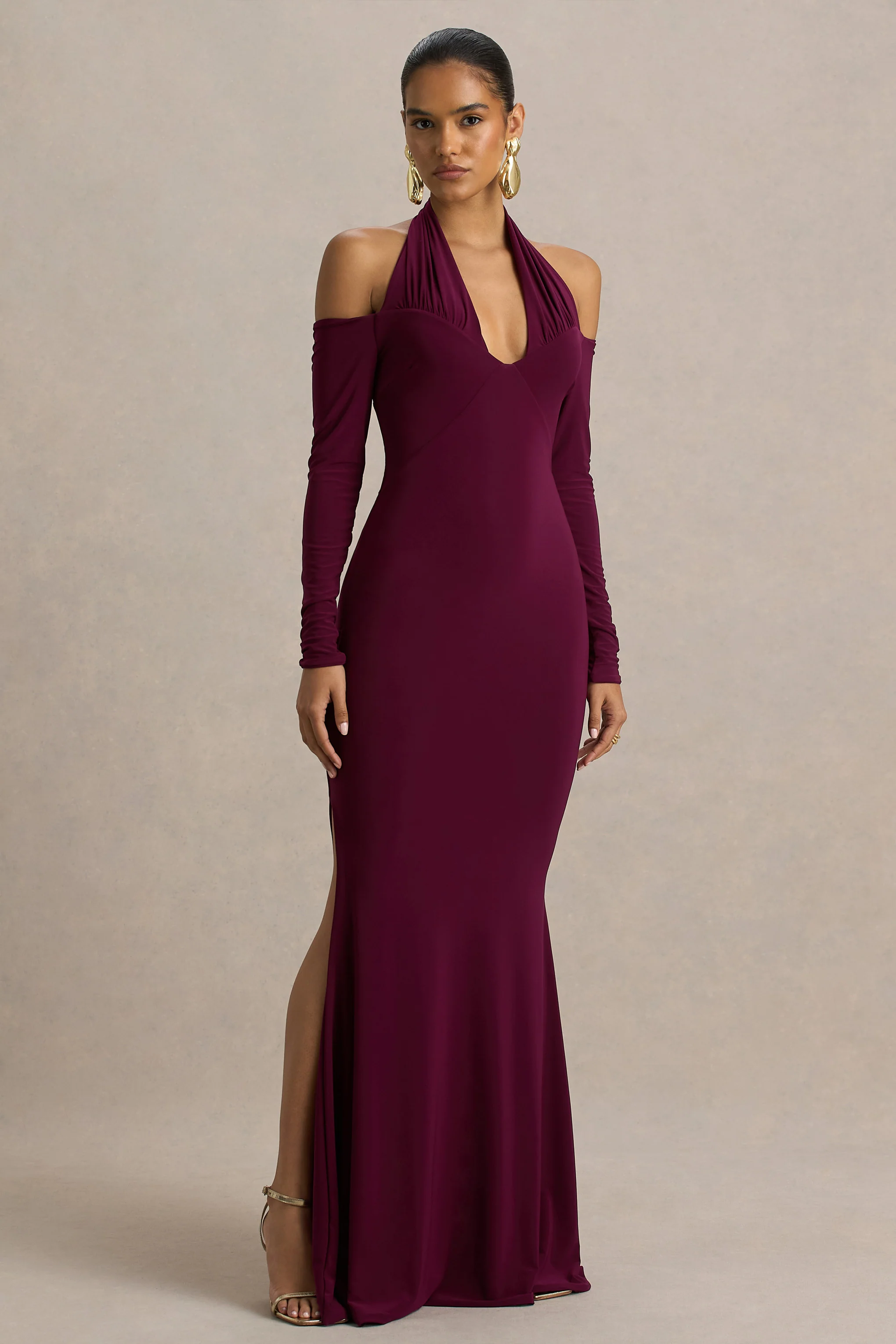 Living High | Burgundy Halter-Neck Maxi Dress With Long Sleeves - Image 4