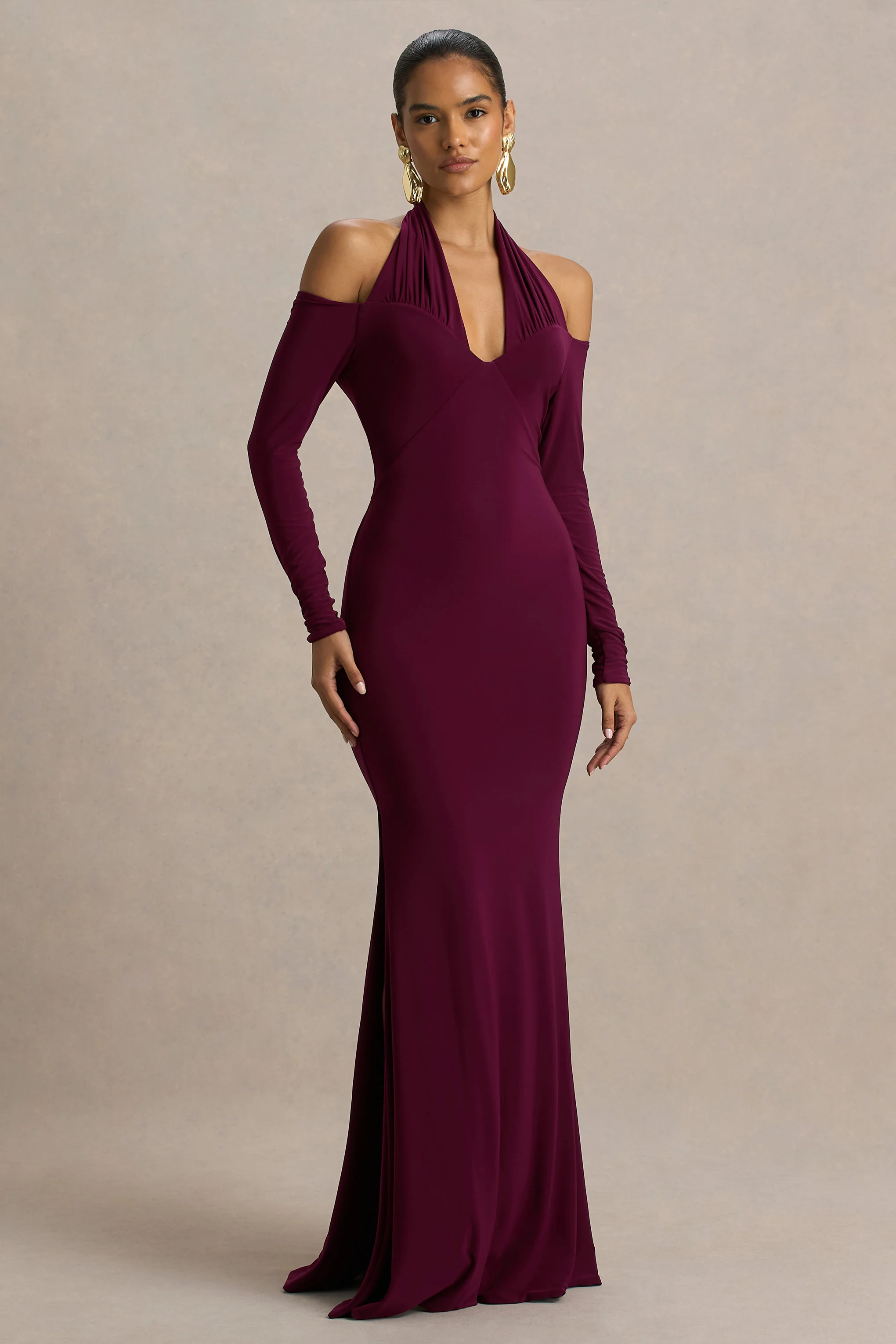 Living High | Burgundy Halter-Neck Maxi Dress With Long Sleeves - Image 5
