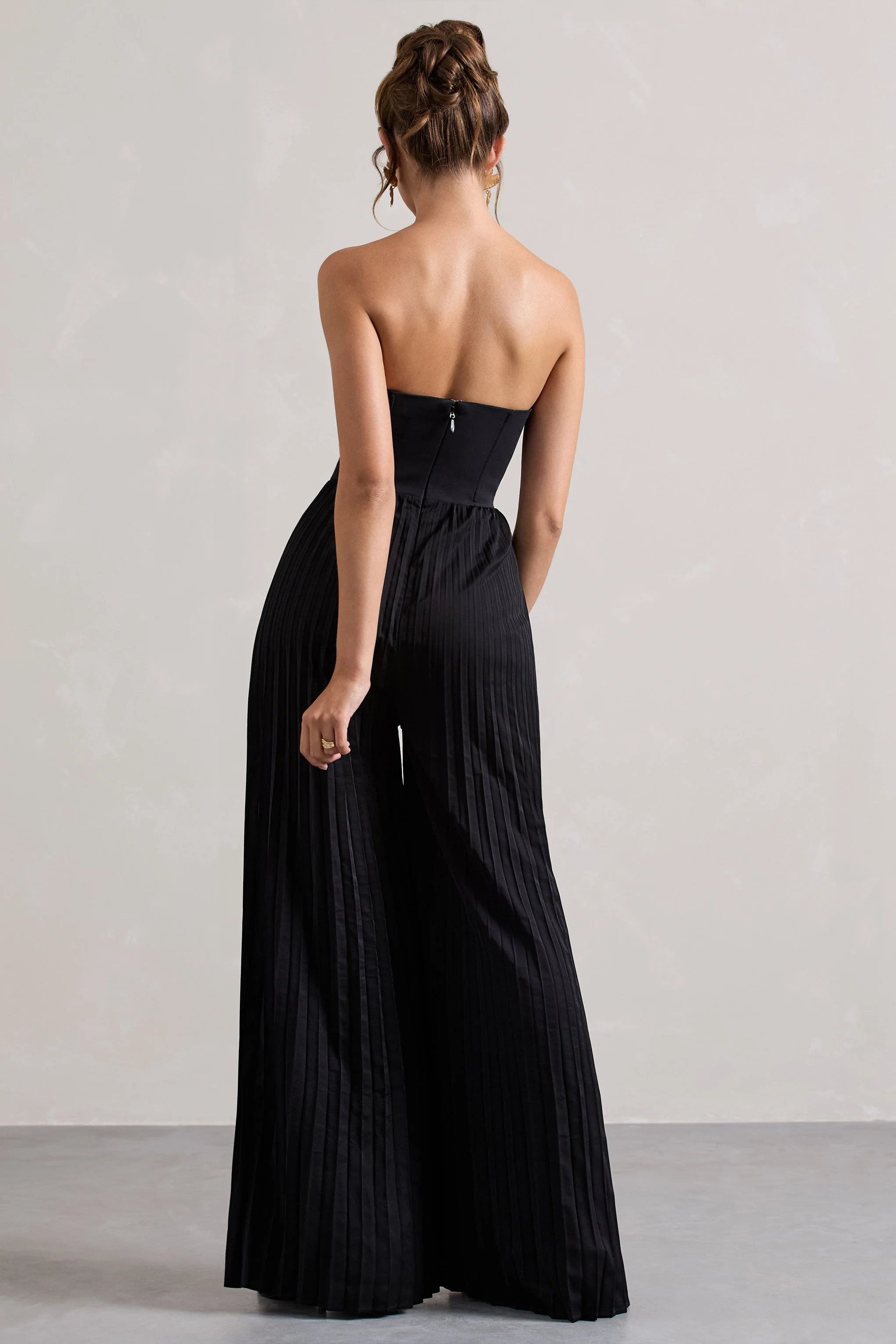 Lorelai | Black Corset Plisse Wide-Leg Jumpsuit - Image 2