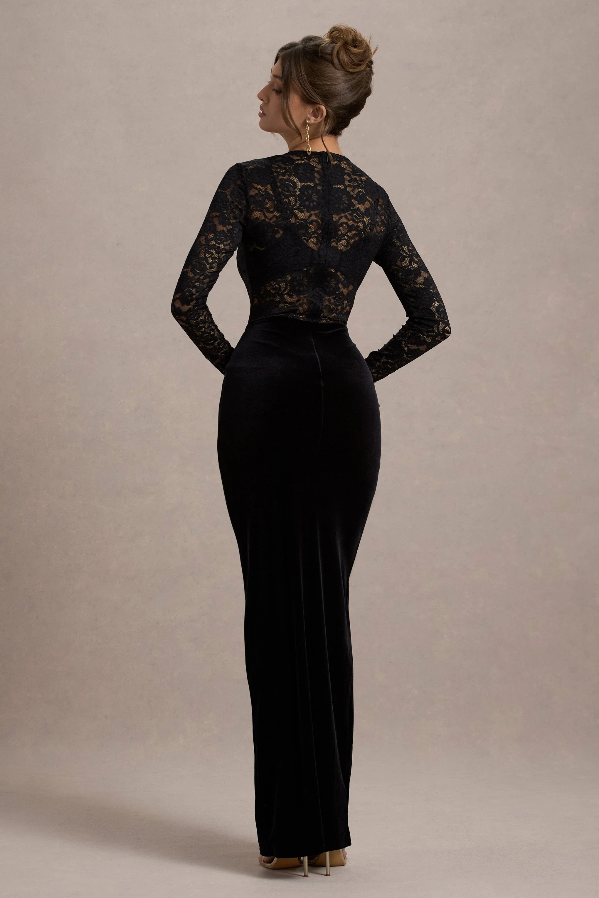 Loving Look | Black Lace Long-Sleeve Twisted Split Maxi Dress - Image 2