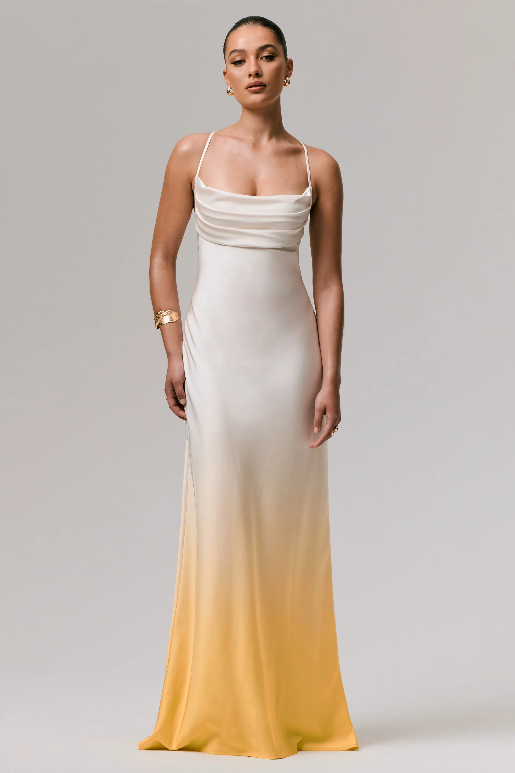 Lucie | Yellow Ombre Satin Cowl-Neck Maxi Dress - Image 3