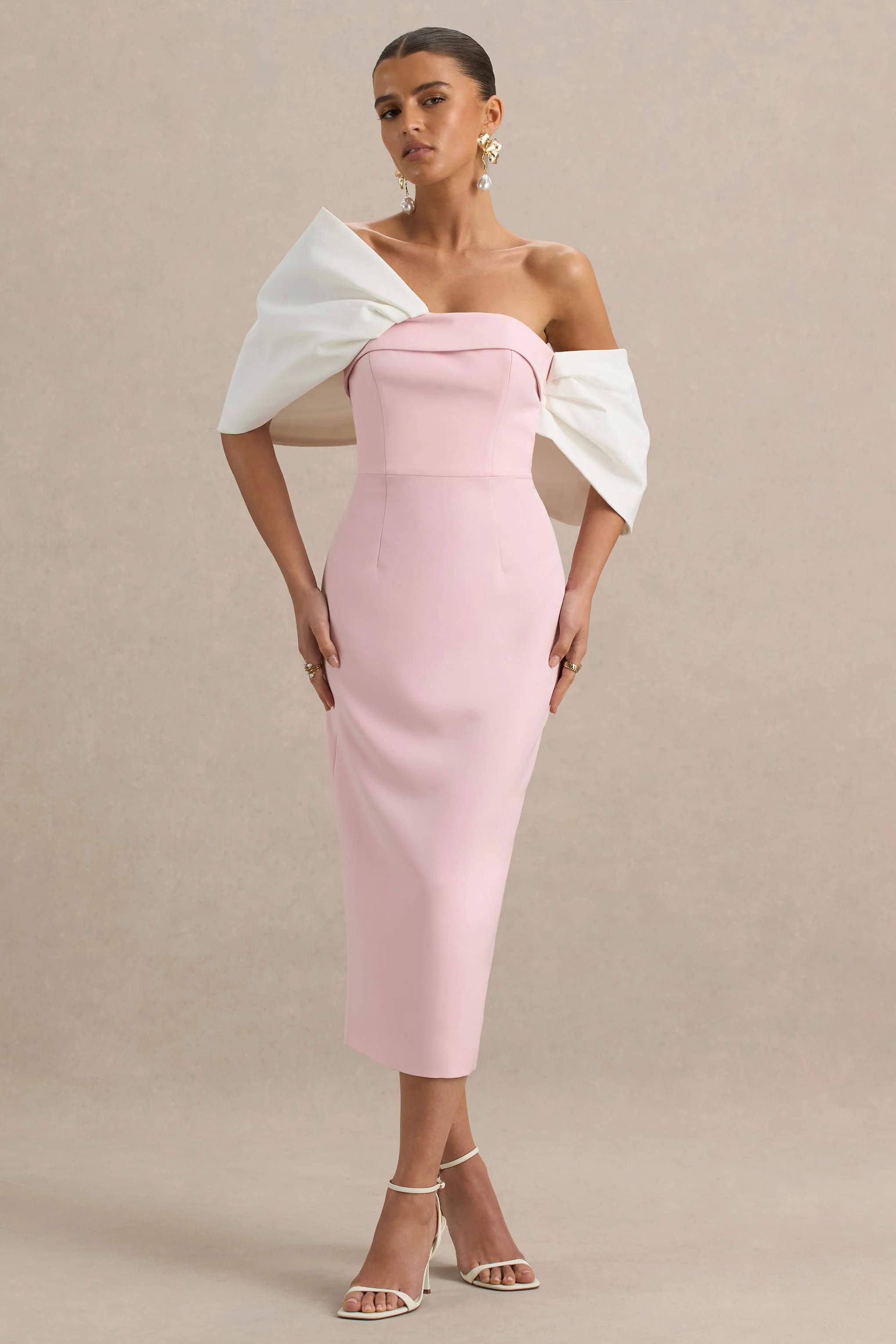 Lucille | Rose & Pink Asymmetric Bardot Midi Dress With Bow Detail - Image 2