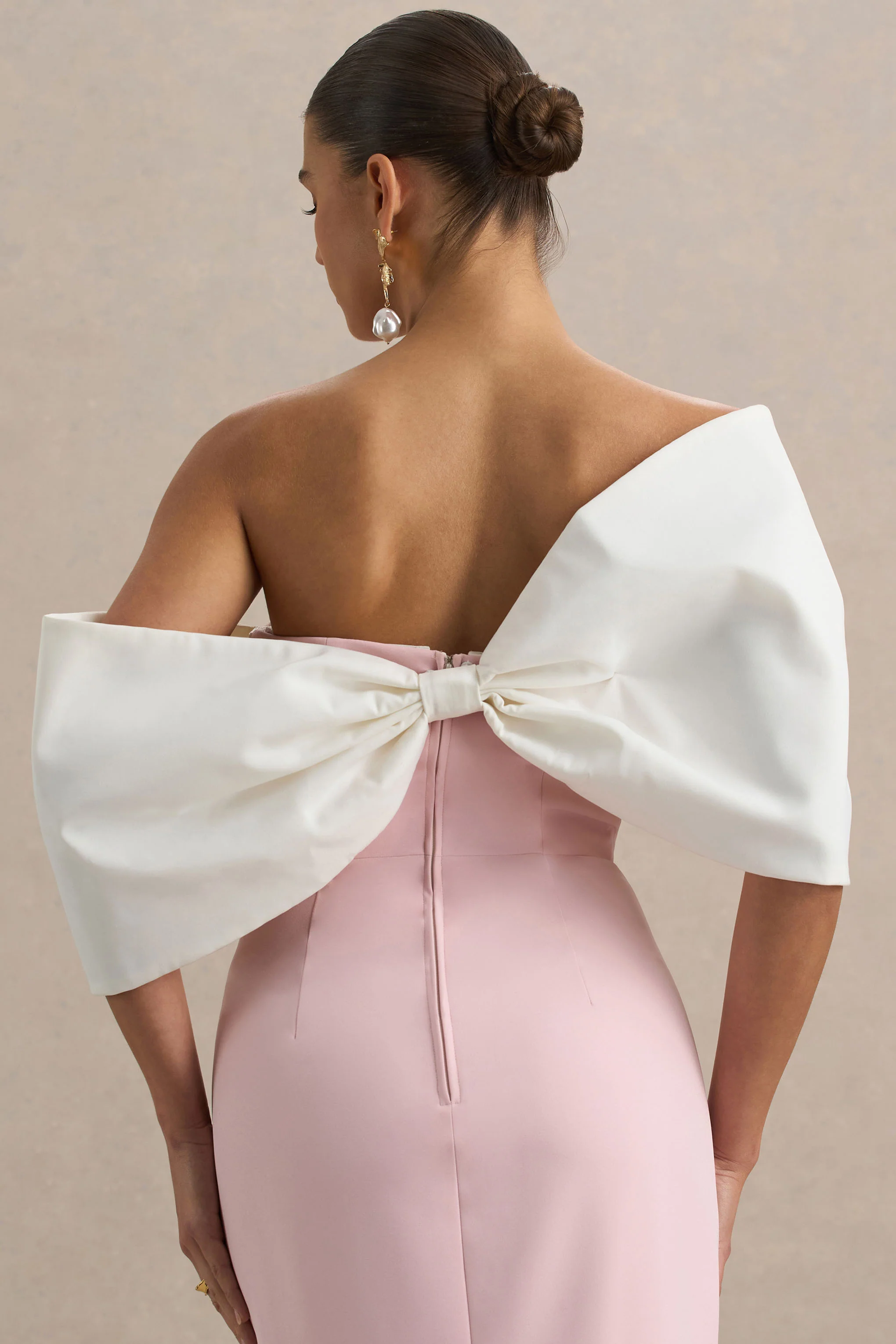 Lucille | Rose & Pink Asymmetric Bardot Midi Dress With Bow Detail - Image 4