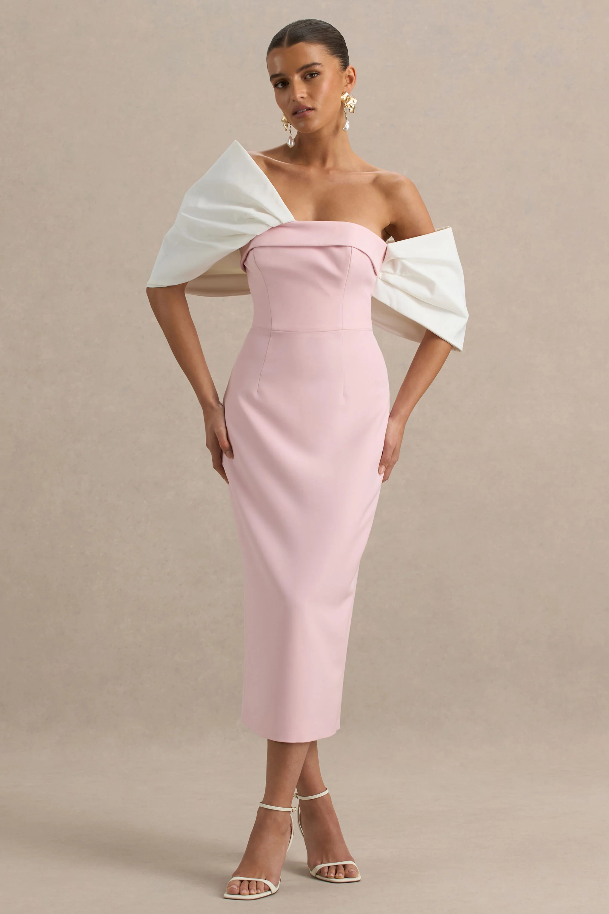 Lucille | Rose & Pink Asymmetric Bardot Midi Dress With Bow Detail - Image 5