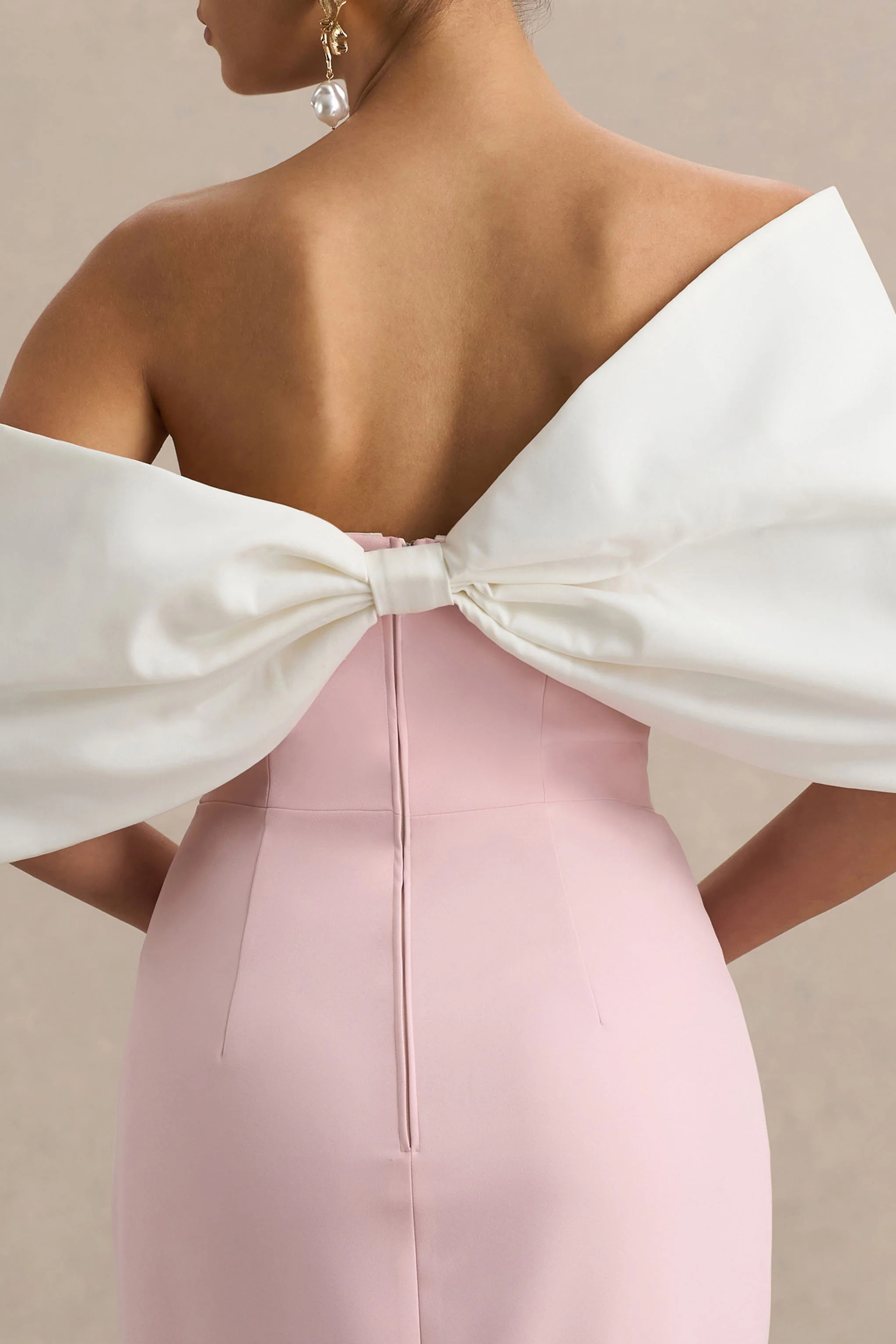 Lucille | Rose & Pink Asymmetric Bardot Midi Dress With Bow Detail - Image 6