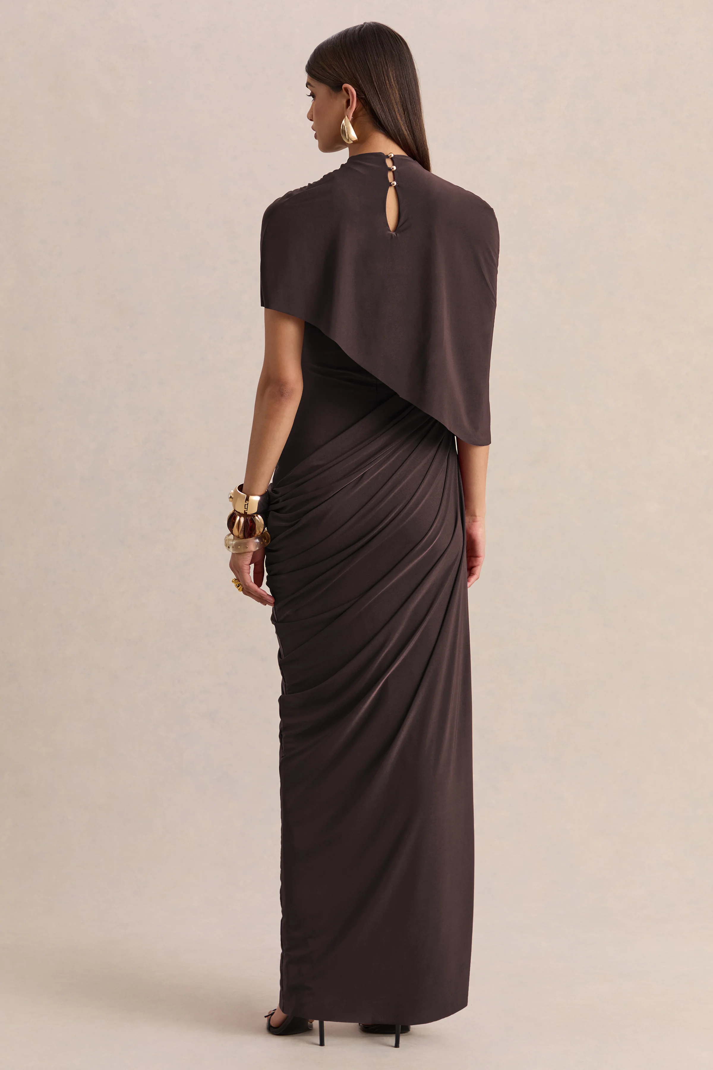 Lunaline | Brown High-Neck Maxi Dress With Asymmetric Cape And Draped-Detailing - Image 2