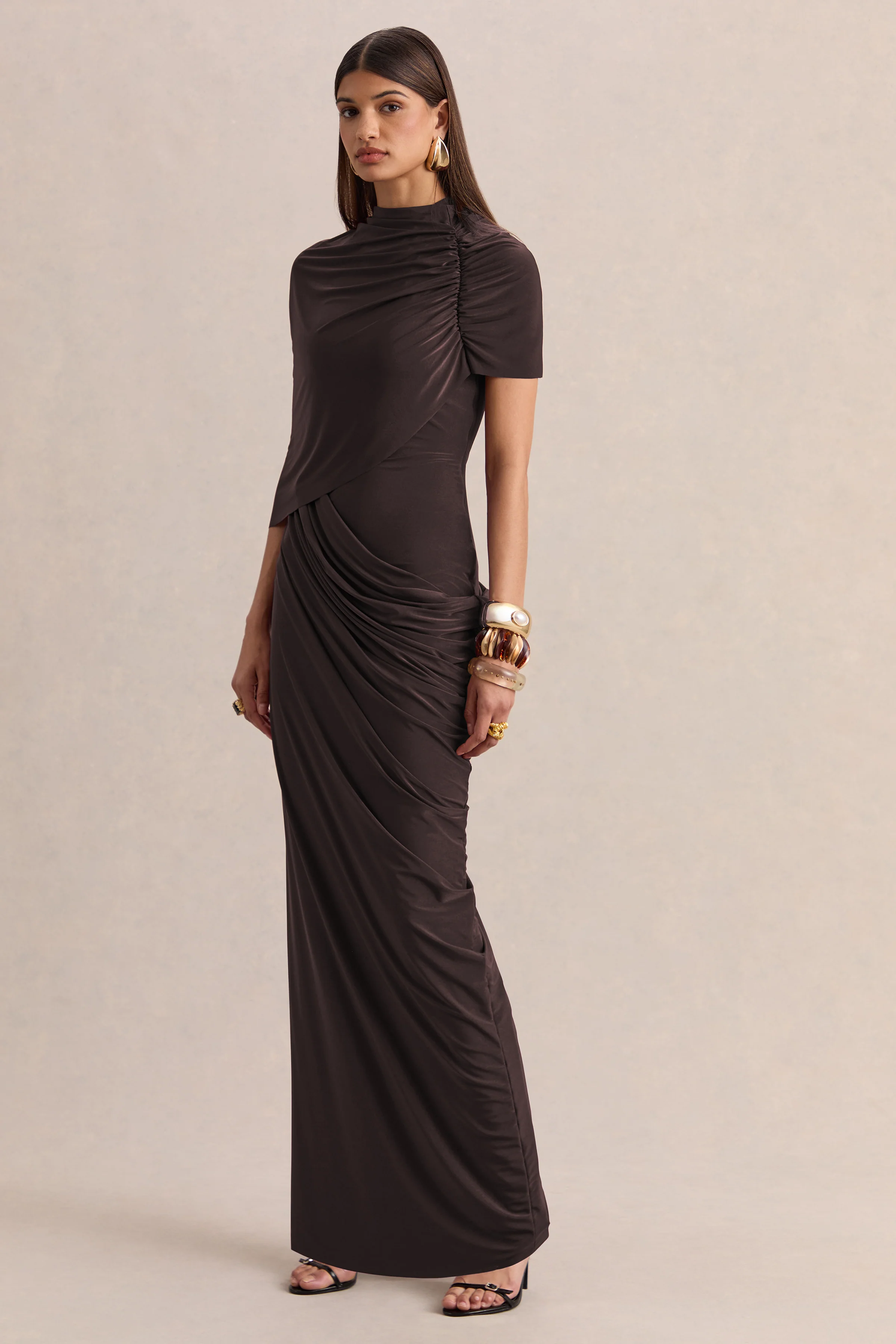 Lunaline | Brown High-Neck Maxi Dress With Asymmetric Cape And Draped-Detailing - Image 5