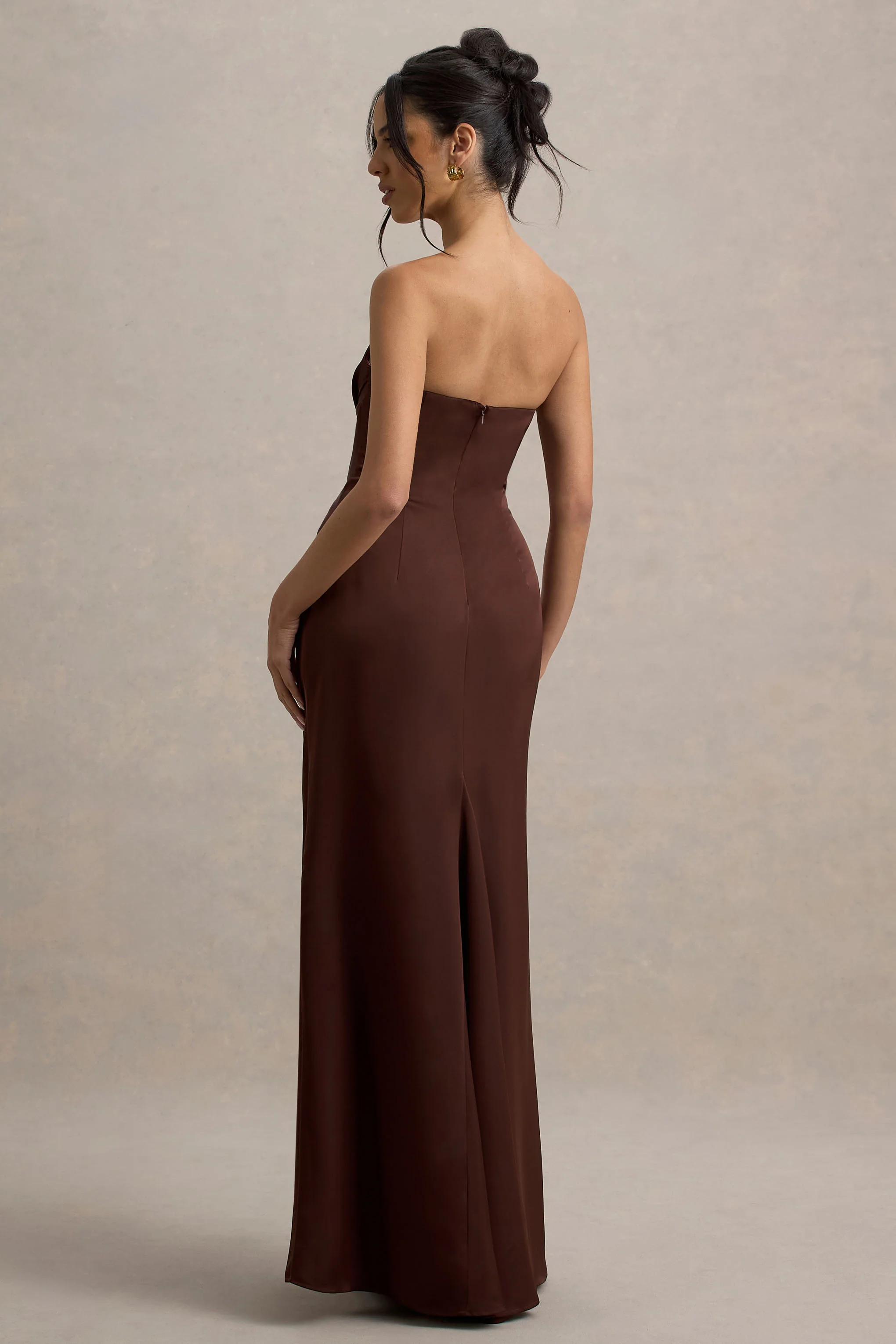 Mackenzie | Brown Satin Plunge-Neck Draped Maxi Dress - Image 2