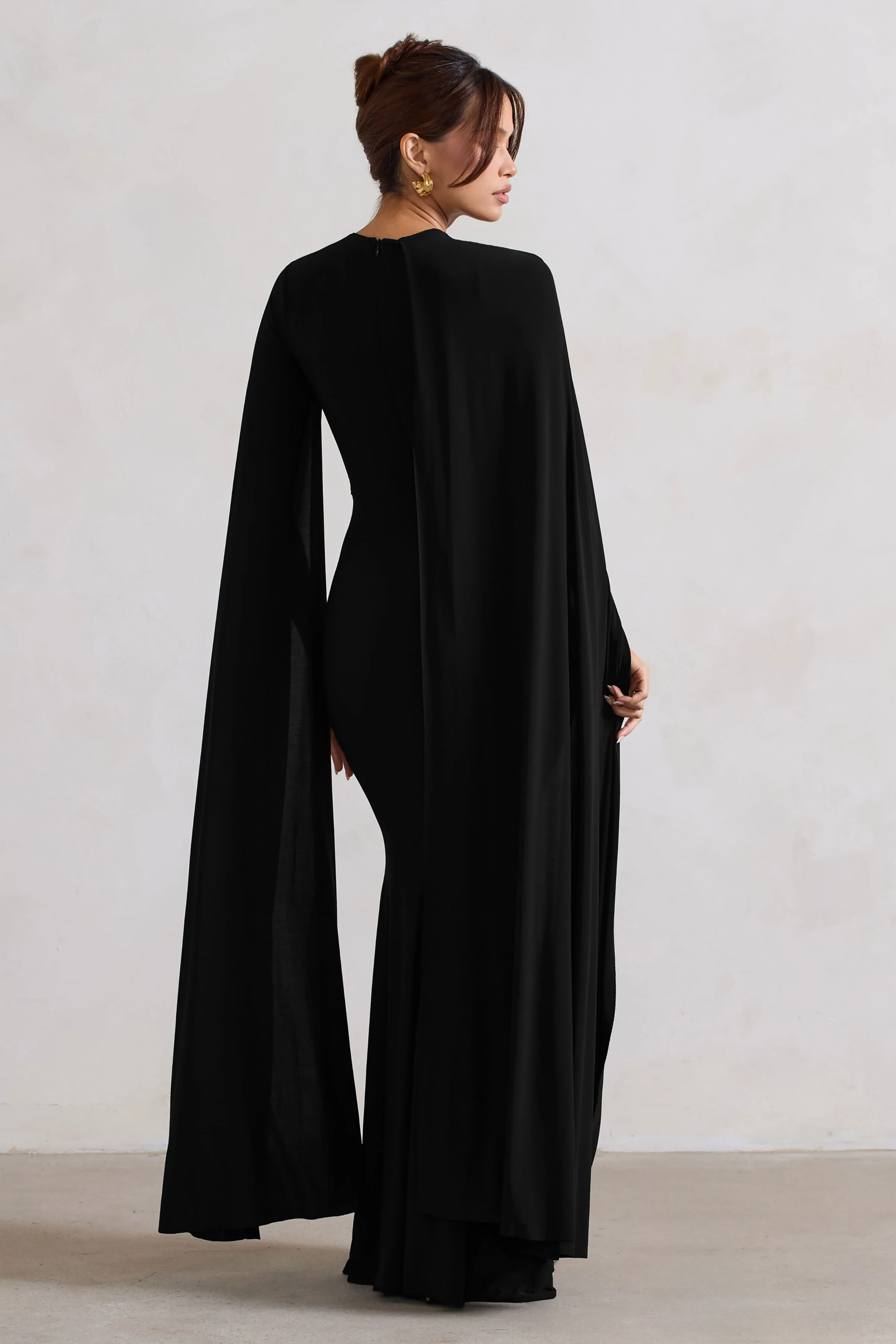 Magdelena | Black Asymmetric Cape Maxi Dress - Image 2