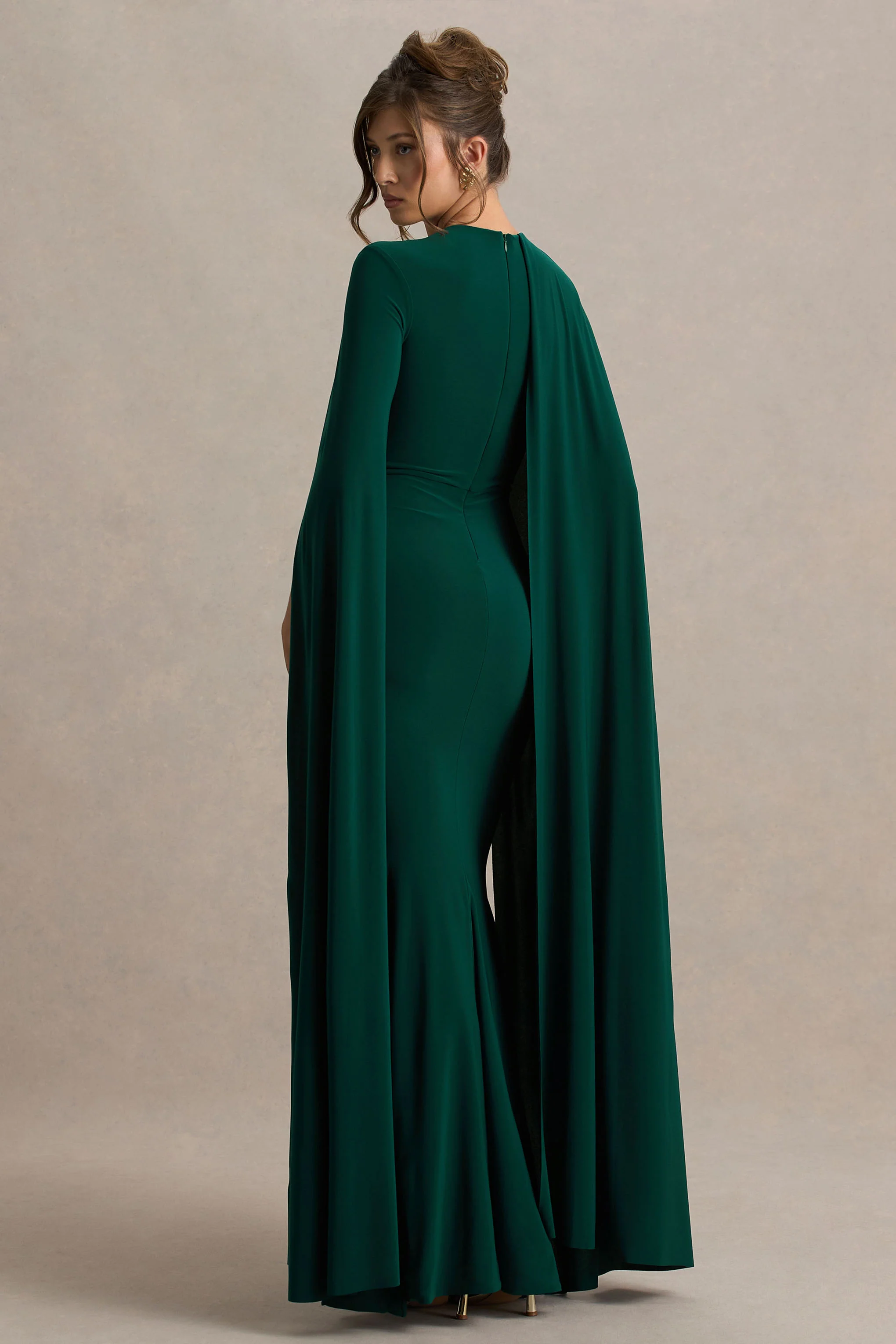 Magdelena | Bottle Green Asymmetric Cape Maxi Dress - Image 2