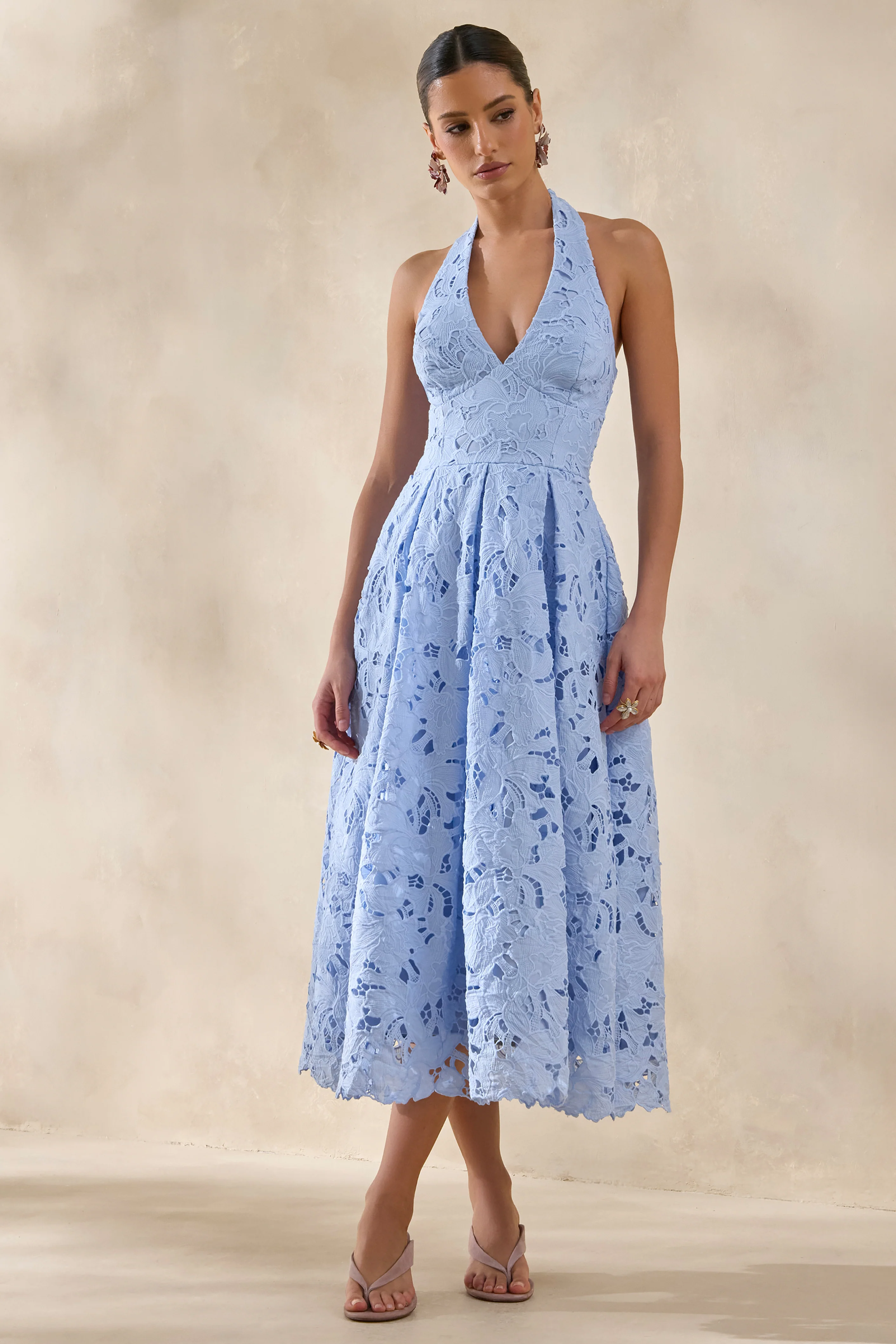 Maribel | Powder Blue Lace Plunge-Neck Midi Dress - Image 4