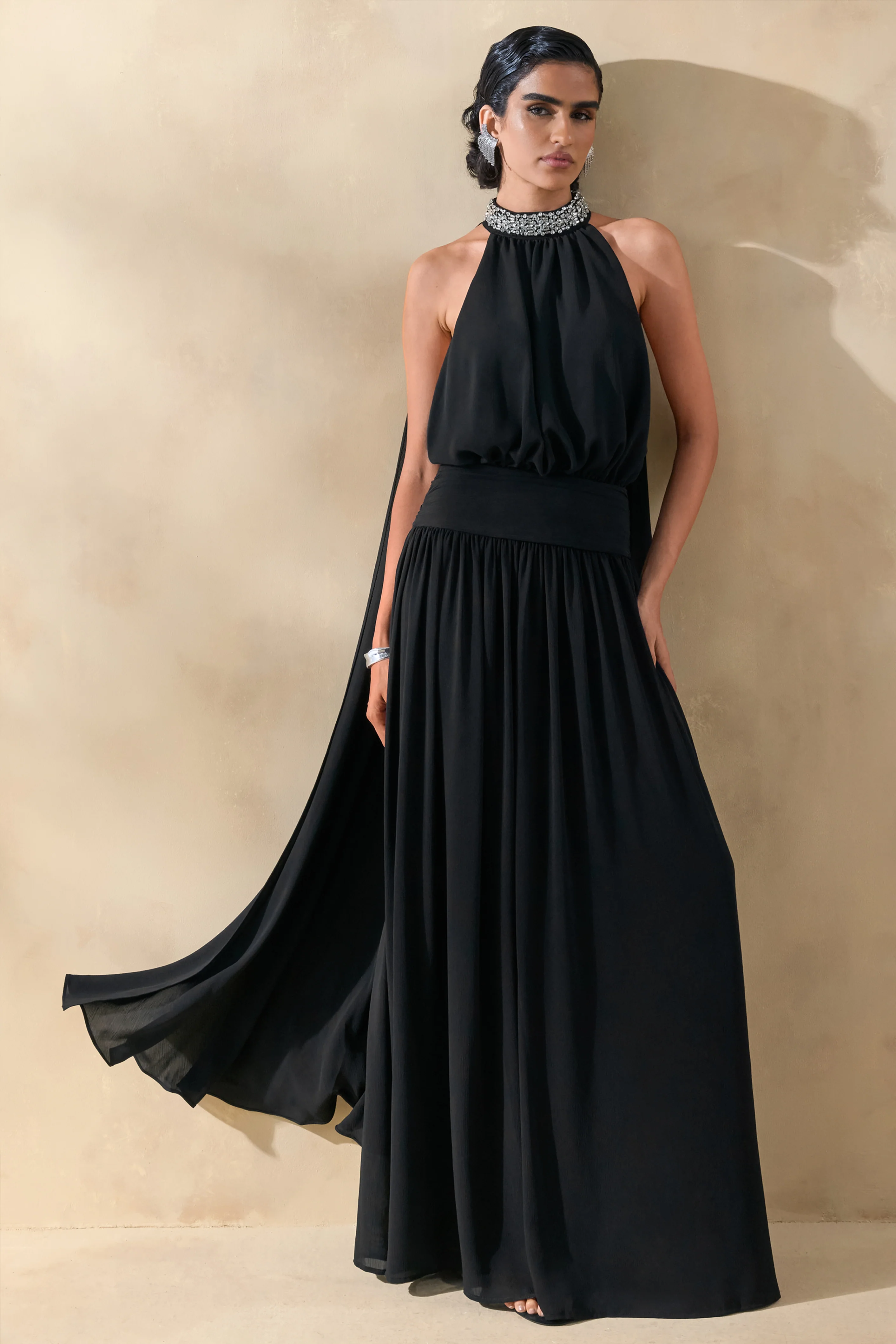 Marie | Black Halter-Neck Maxi Dress With Embellished Detailing - Image 3