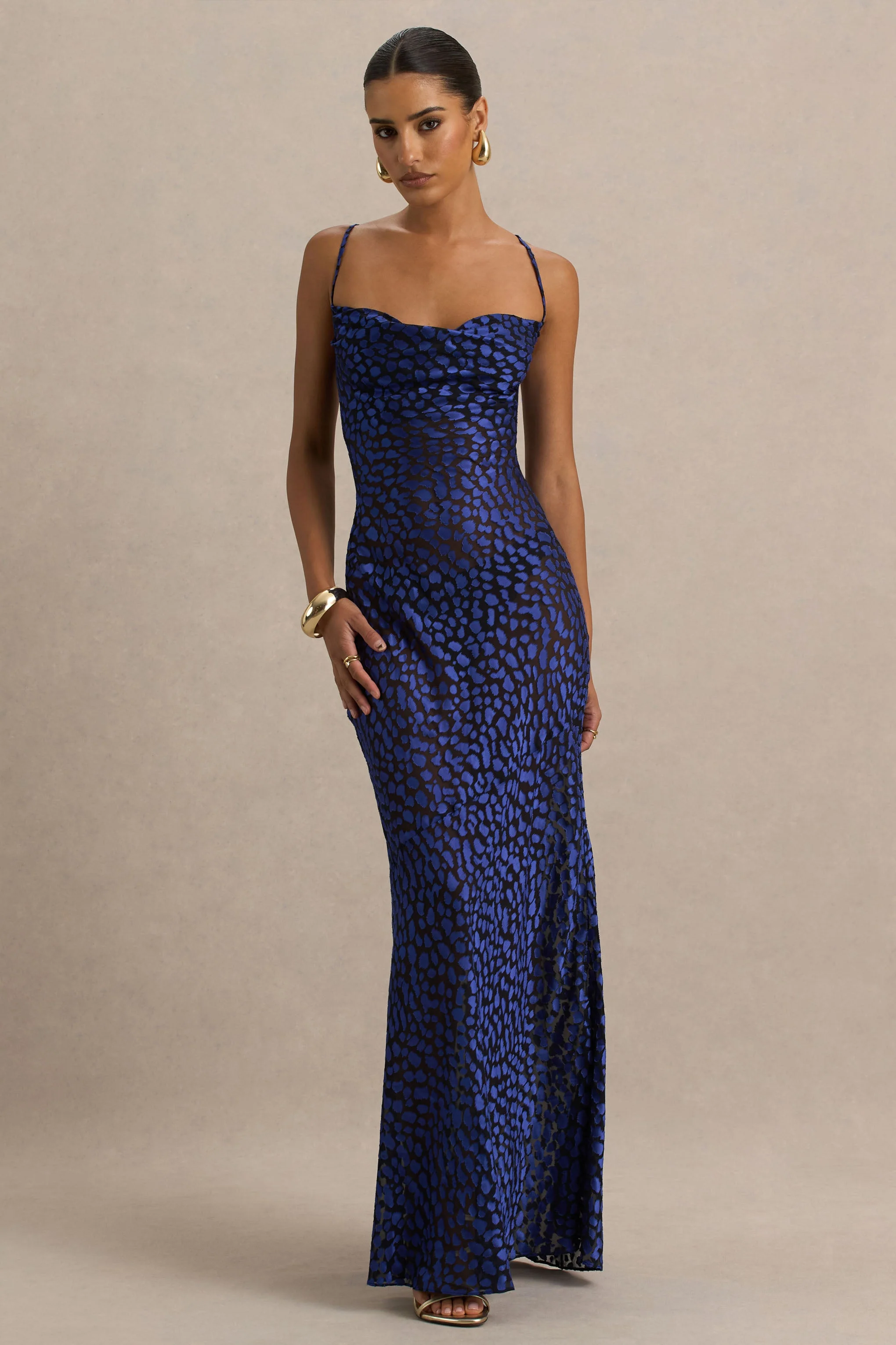 Marya | Blue Leopard Print Cowl-Neck Slip-Maxi Dress - Image 2