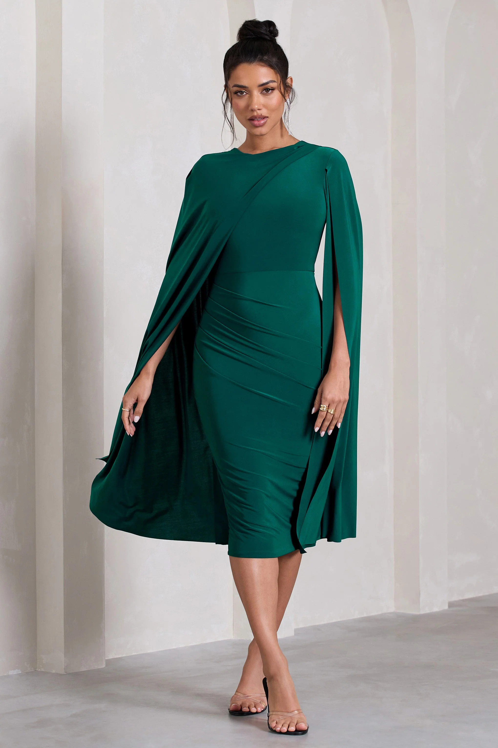 Marysol | Bottle Green Asymmetric Cape Midi Dress - Image 3
