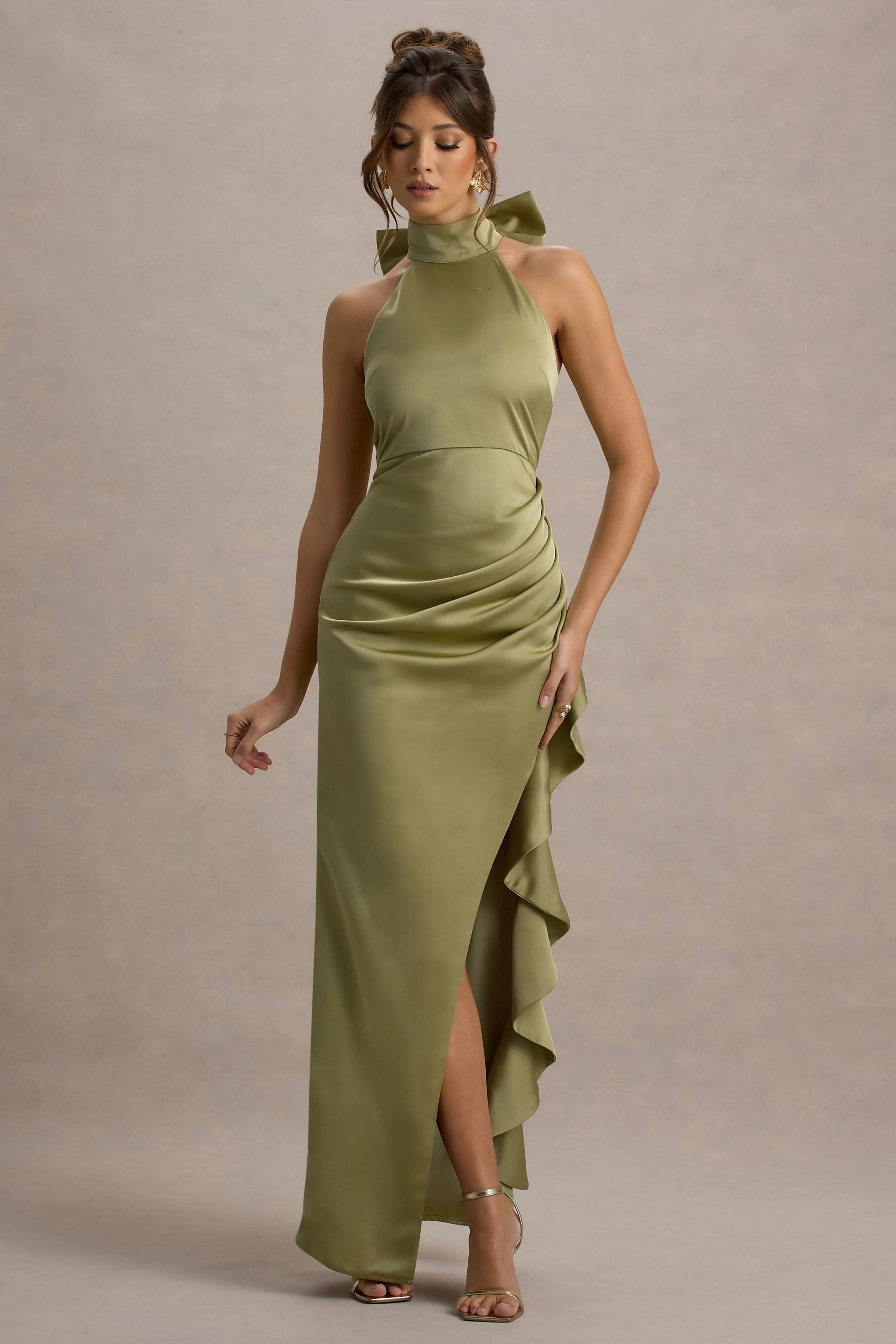 Maureen | Light Green Satin High-Neck Draped Maxi Dress - Image 4