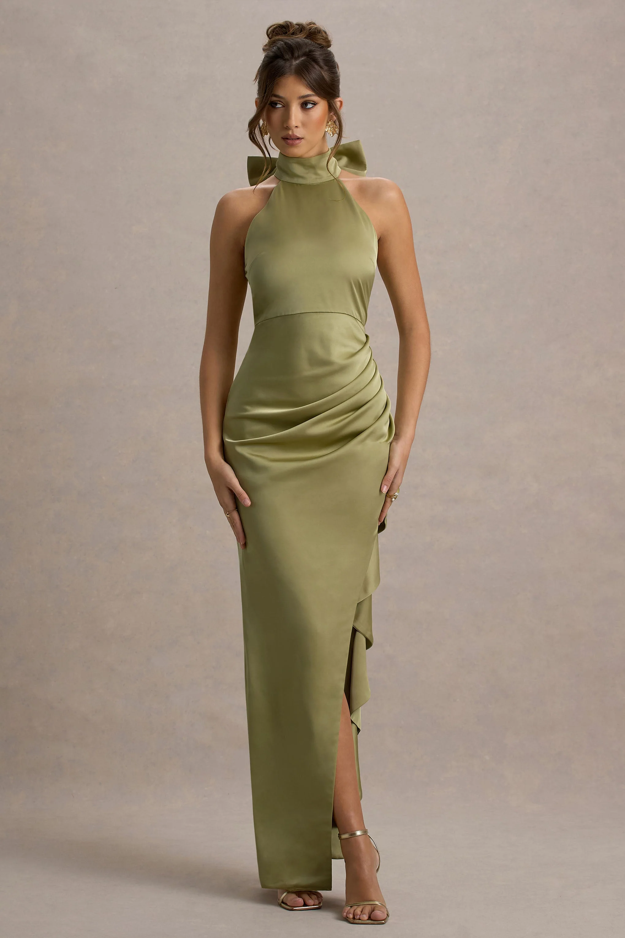 Maureen | Light Green Satin High-Neck Draped Maxi Dress - Image 5