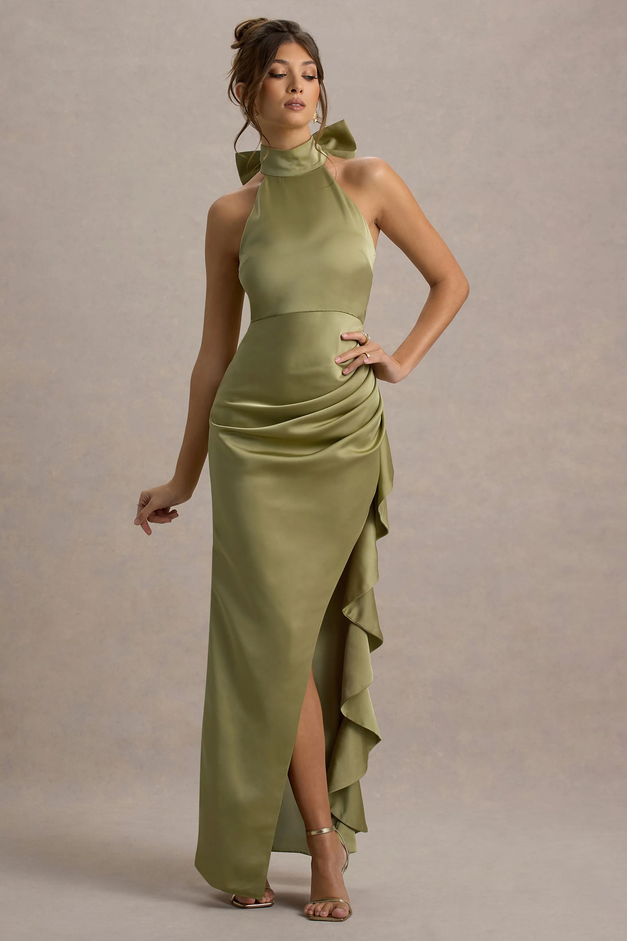 Maureen | Light Green Satin High-Neck Draped Maxi Dress - Image 7