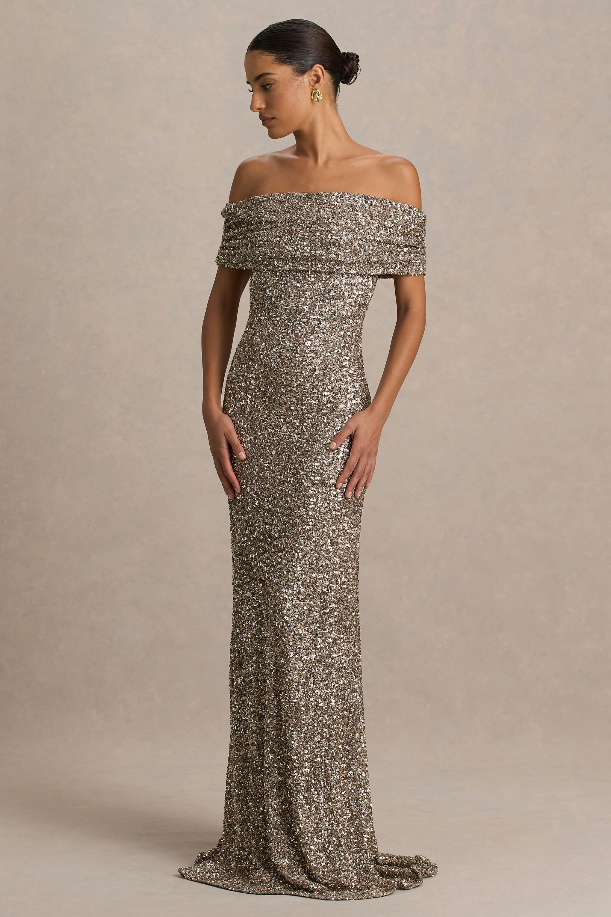 Melina | Champagne Sequin Bardot-Neck Maxi Dress - Image 3