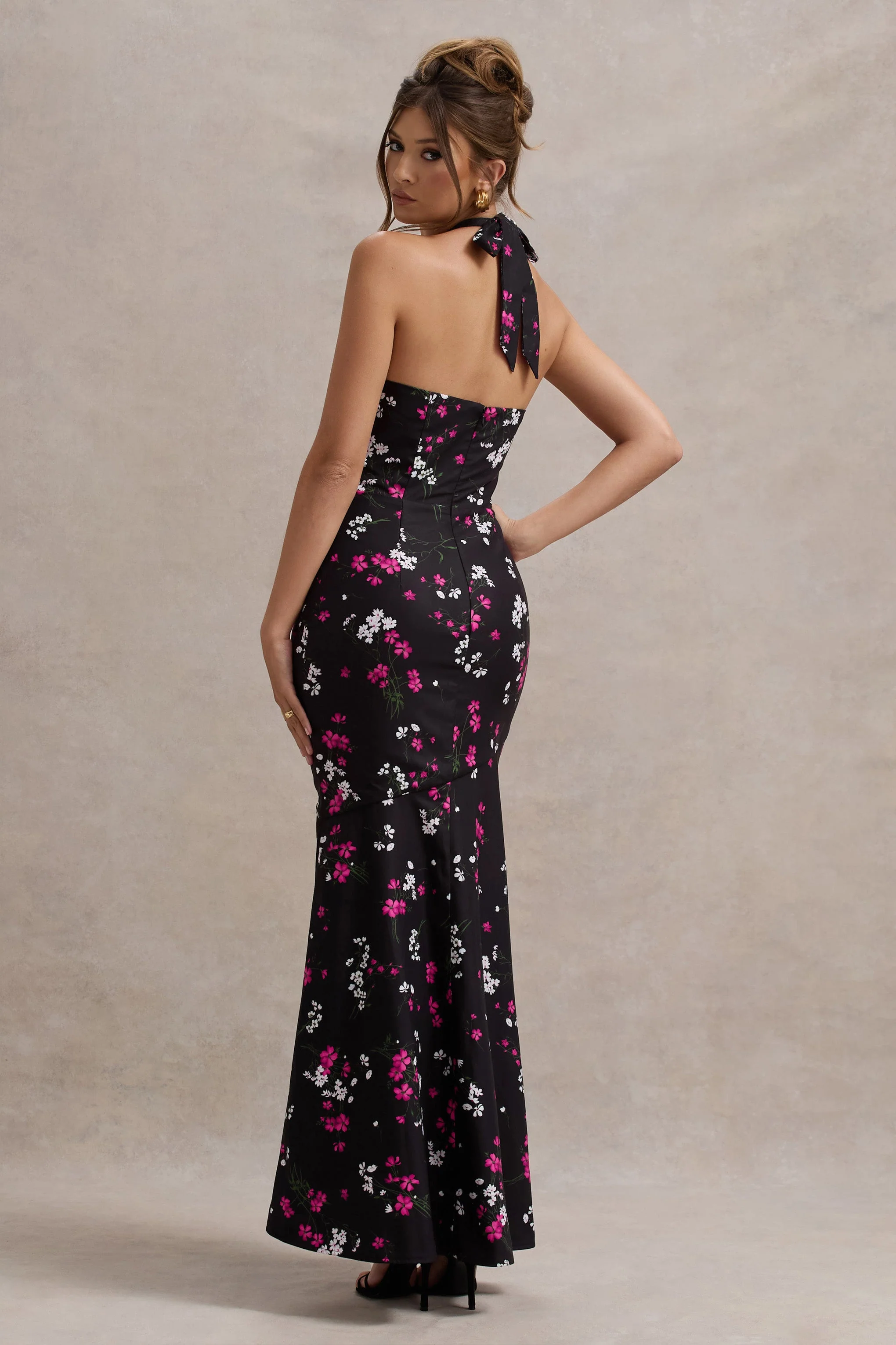 Melodia | Black Ditsy Floral Print Satin Halter-Neck Ruffled Maxi Dress - Image 2